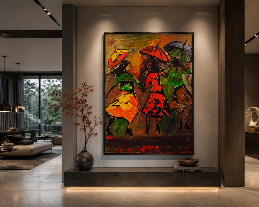 Expressionist Abstract Umbrella Scene Original Acrylic Painting on Canvas 26x36 | Hand-Painted Contemporary Artwork