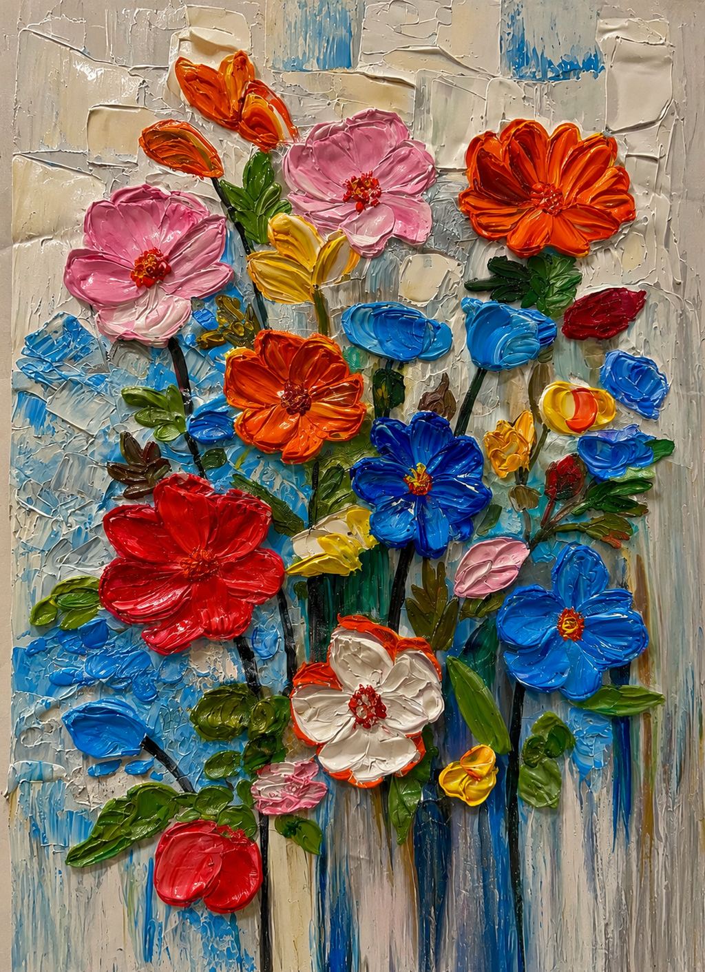 Original Abstract Floral Painting 26x36 in – Textured Acrylic on Canvas, Palette Knife, Colorful Expressionist Flower Art