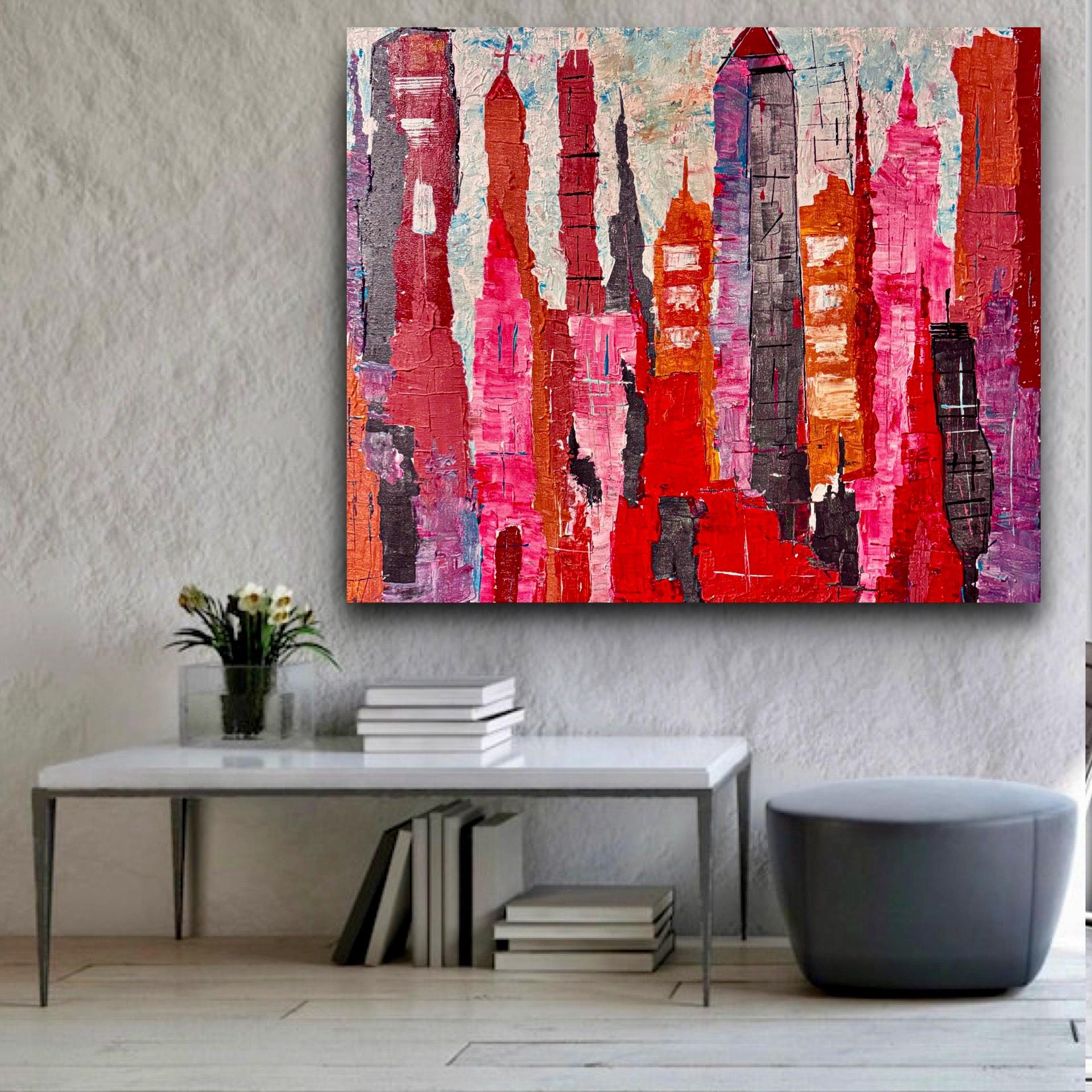 Abstract New York Cityscape Painting, Textured Acrylic Canvas Art (28x23 inch)