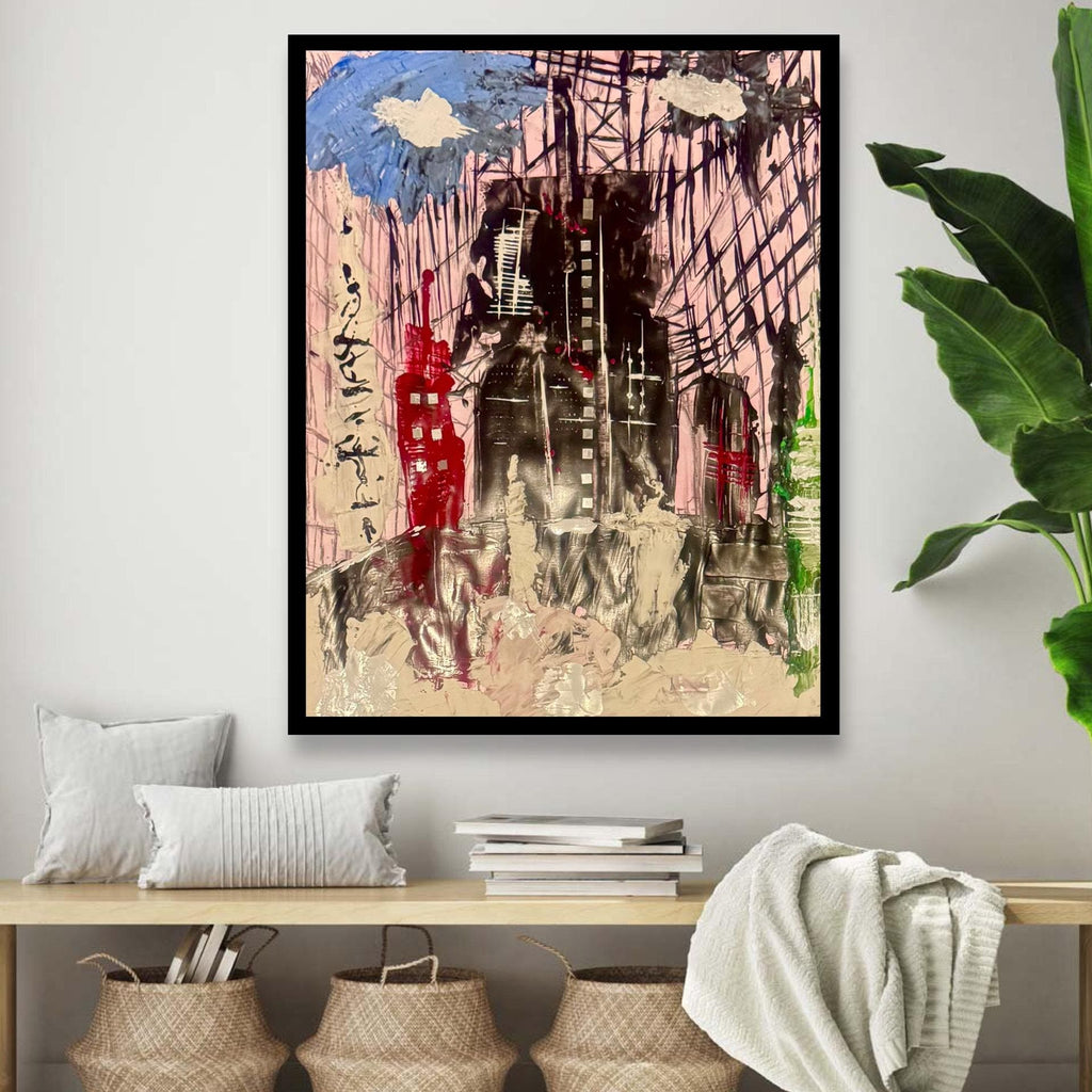 Abstract City Skyline Wall Art, Textured Acrylic Painting, Modern Urban Art, Handmade Contemporary Artwork, Framed Original Art (22x28 inch)