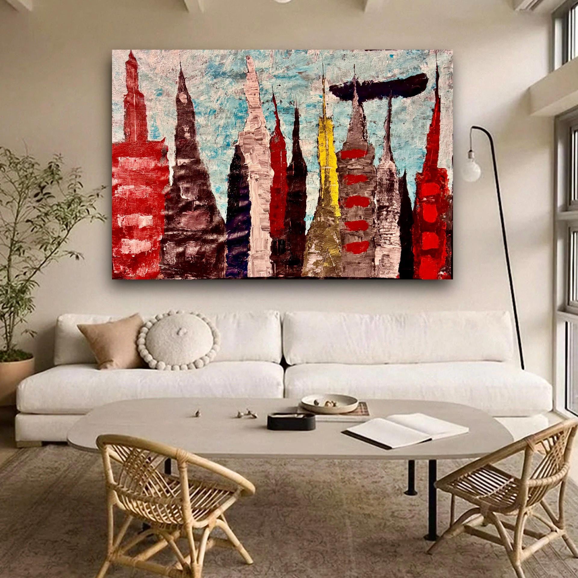 Textured Acrylic Manhattan Skyline Painting, Modern NYC Wall Art (36x24 inch)