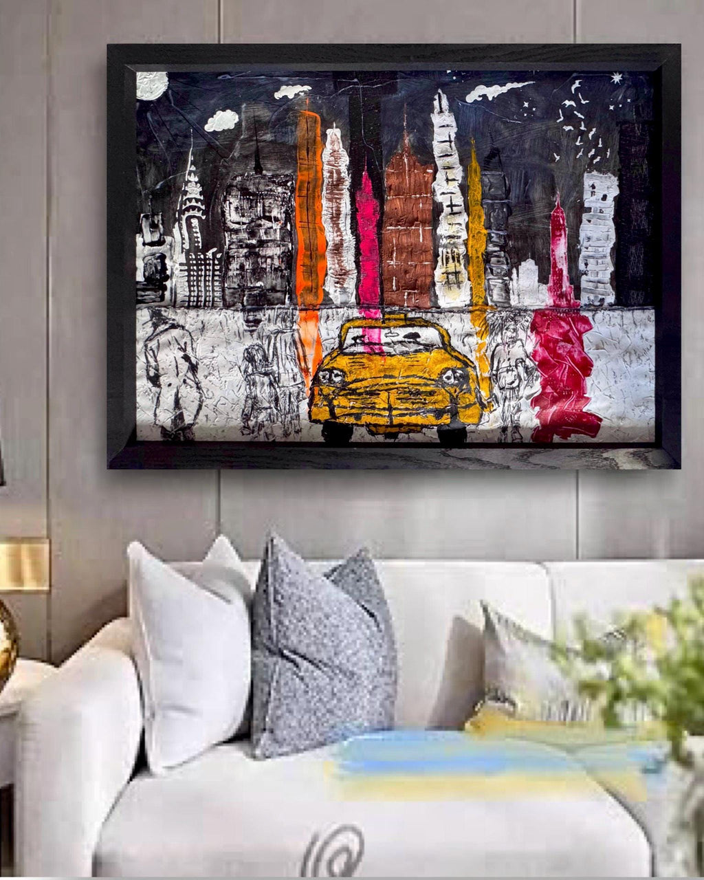 Abstract New York Skyline Art, Manhattan City Painting, Textured Mixed Media Artwork, Framed Contemporary Urban Wall Art (41.5x30 inch)