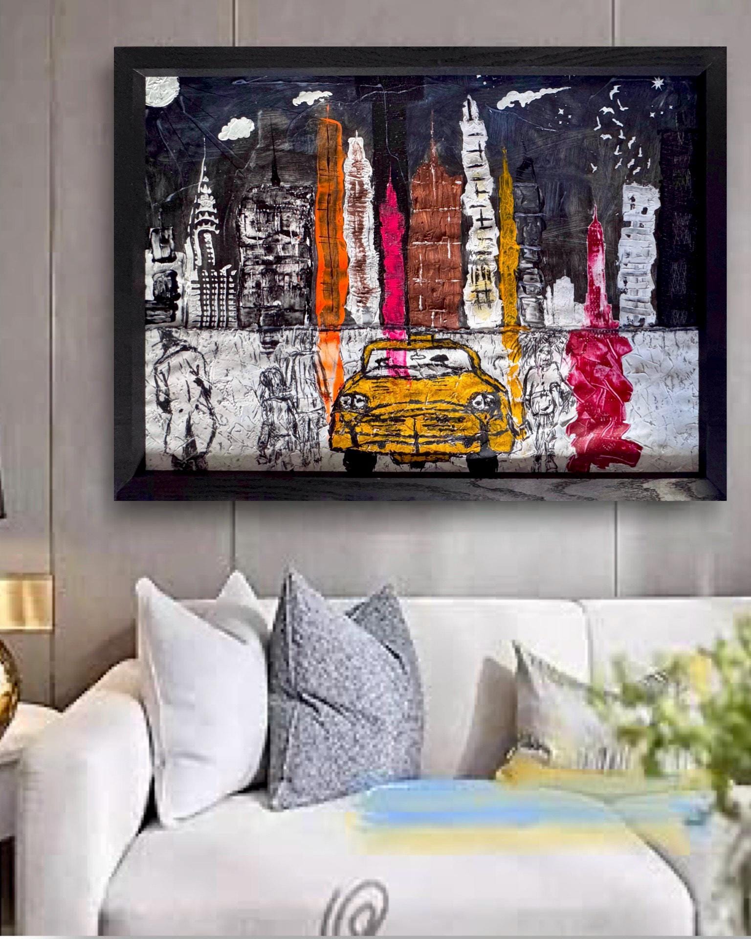Abstract New York Skyline Art, Manhattan City Painting, Textured Mixed Media Artwork, Framed Contemporary Urban Wall Art (41.5x30 inch)