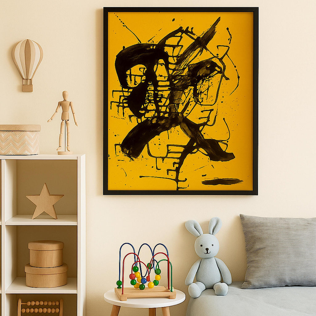 Handmade Expressionist Painting, Black & Yellow Abstract Art (22x28 inch)