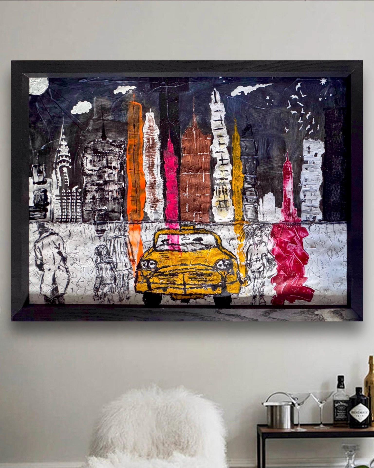 Abstract New York Skyline Art, Manhattan City Painting, Textured Mixed Media Artwork, Framed Contemporary Urban Wall Art (41.5x30 inch)