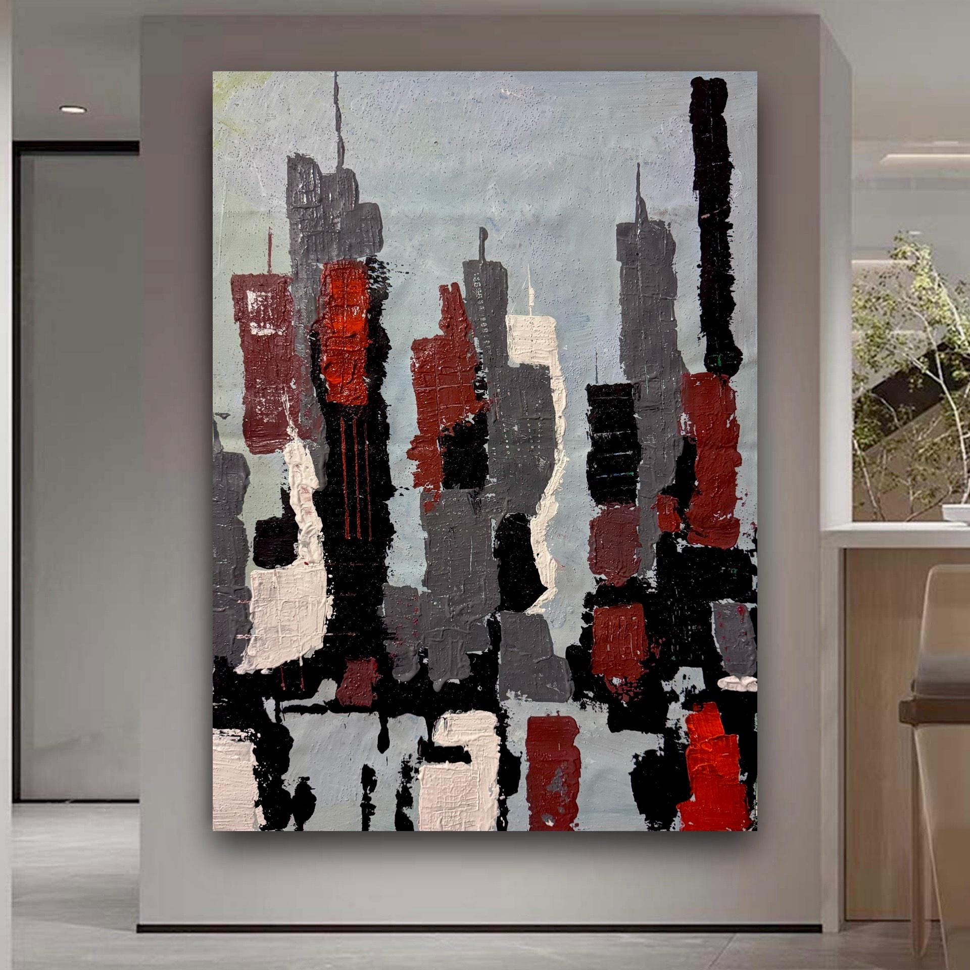 Abstract Manhattan Silhouette with Textured Acrylic Layers on Canvas (18.5x26 inch)