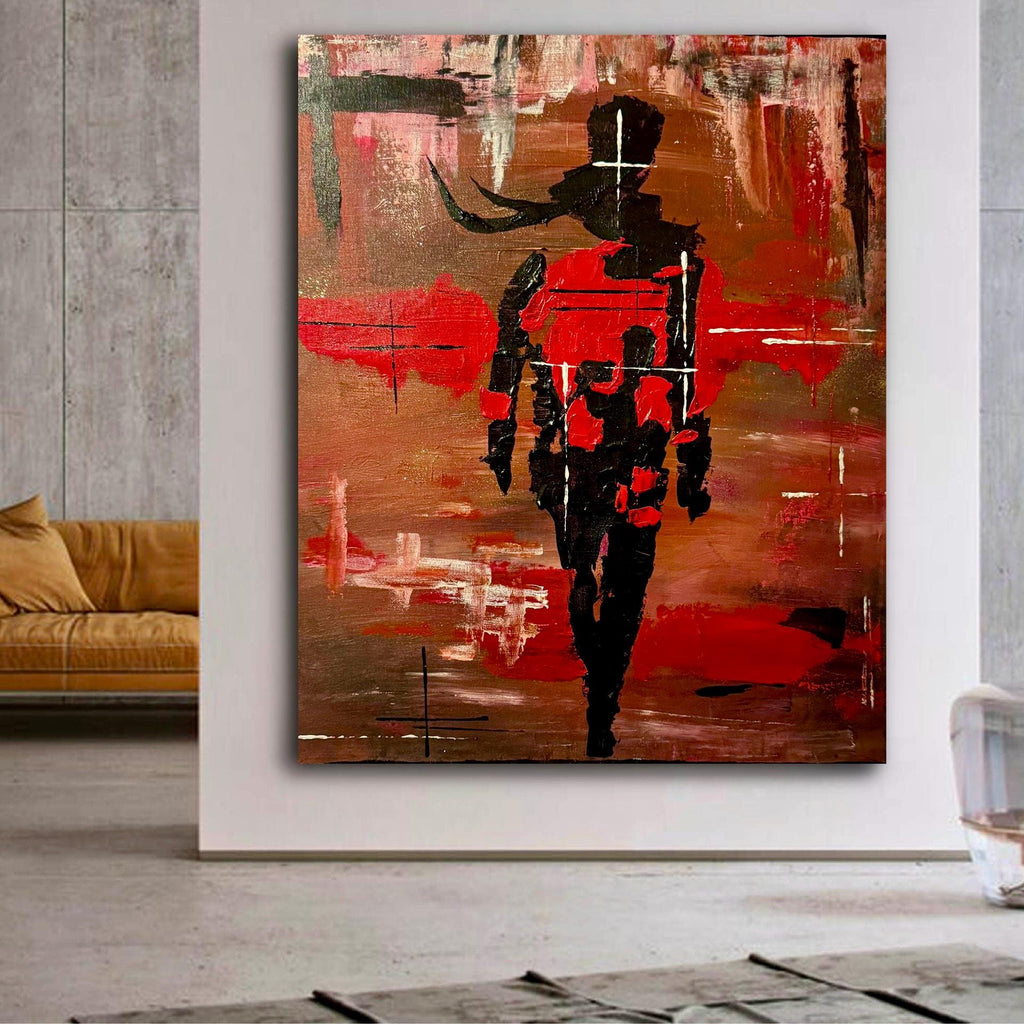 Abstract Expressionist Figurative Painting, Red Black Modern Art (20x24 inch Canvas)