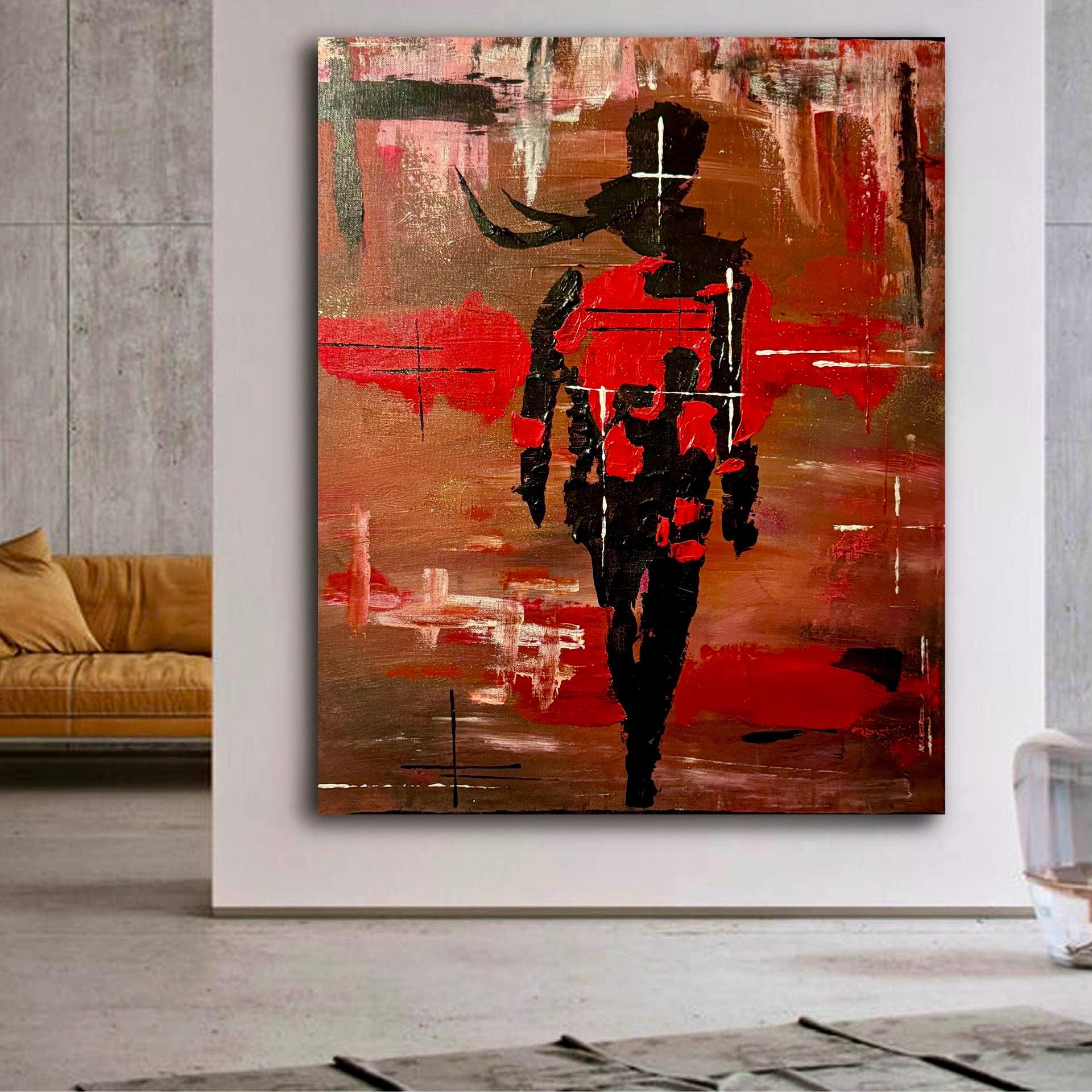 Abstract Expressionist Figurative Painting, Red Black Modern Art (20x24 inch Canvas)