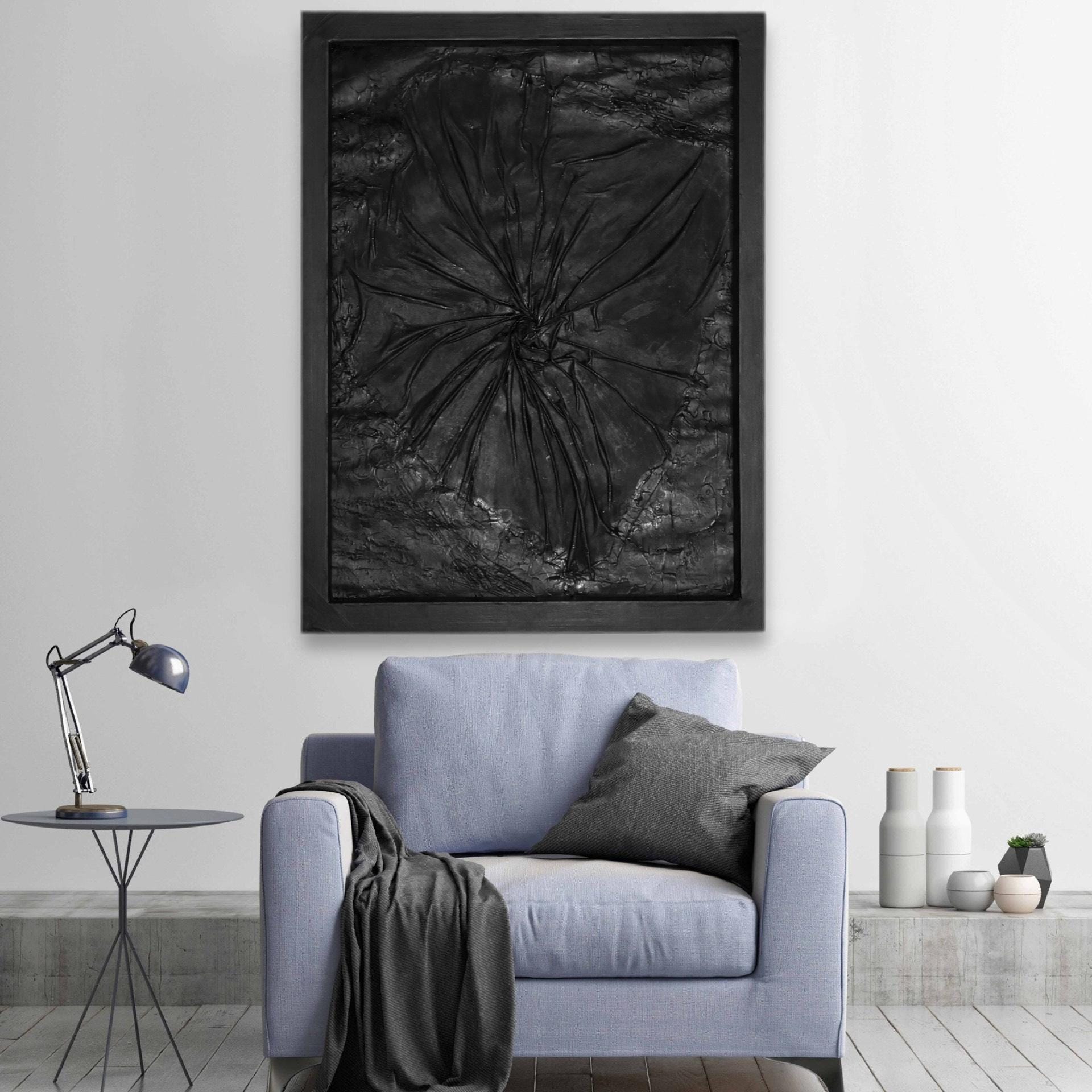 Black Abstract Textured Wall Art, Handmade Modern Art Painting, Dark Minimalist Contemporary Artwork,Framed Statement Piece (24x30 inch)