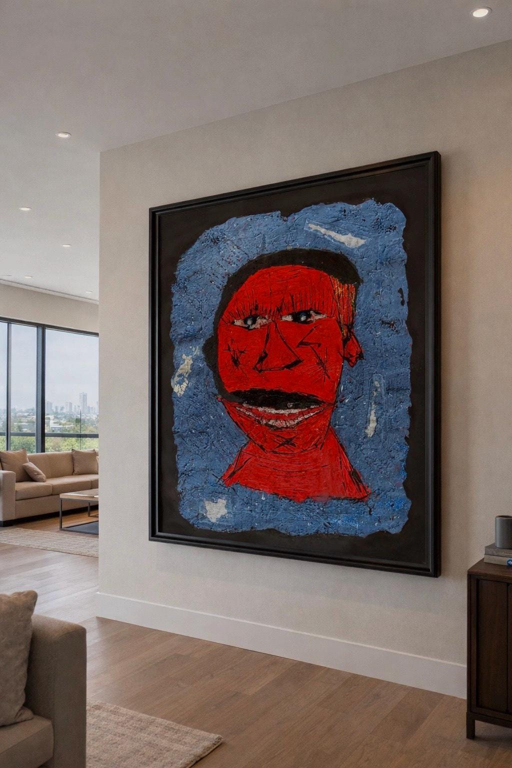 Handmade Abstract Portrait Painting, Red Face Expressionist Art (28x22 inch)