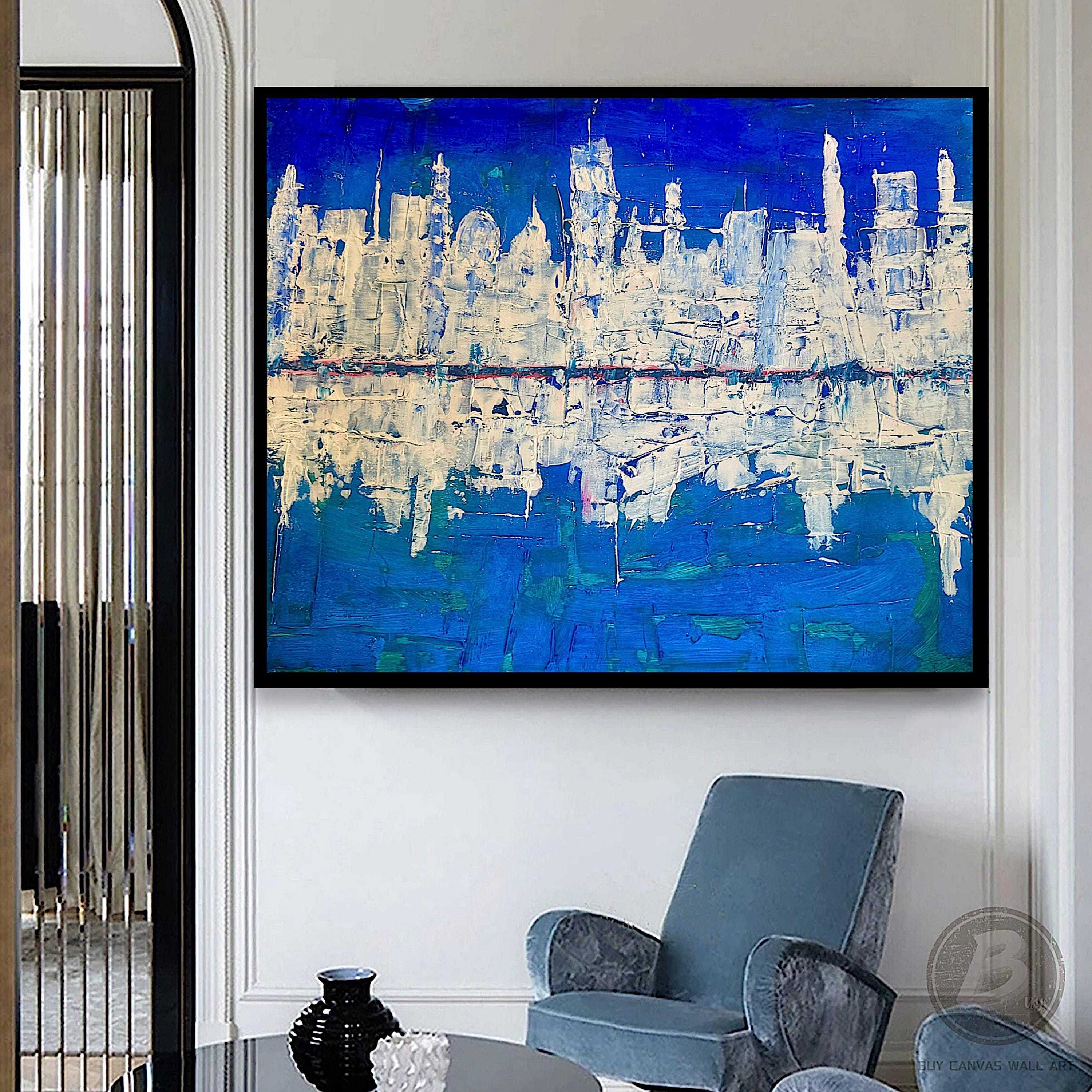 Abstract Cityscape Painting, Textured Palette Knife Acrylic, Skyline Wall Art (22x28 inch)