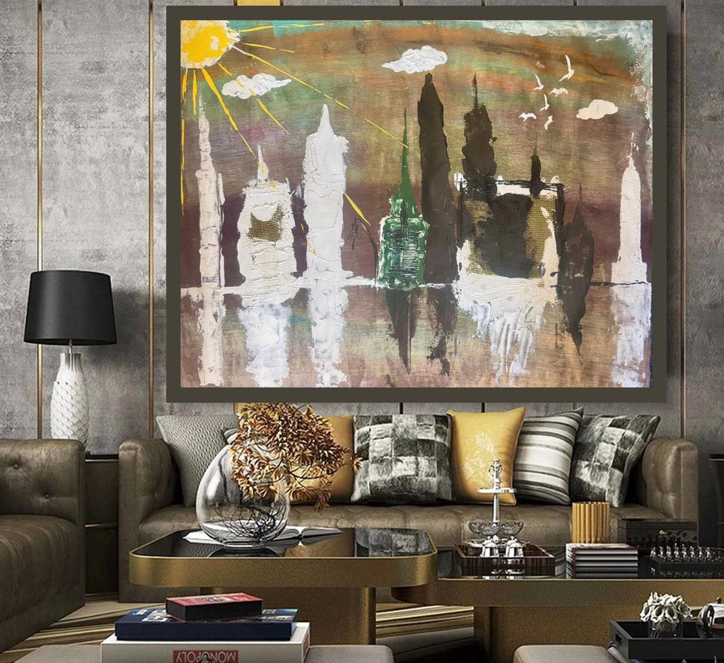Handmade Abstract Manhattan Skyline Painting, Expressionist Acrylic Art (28x22 inch)
