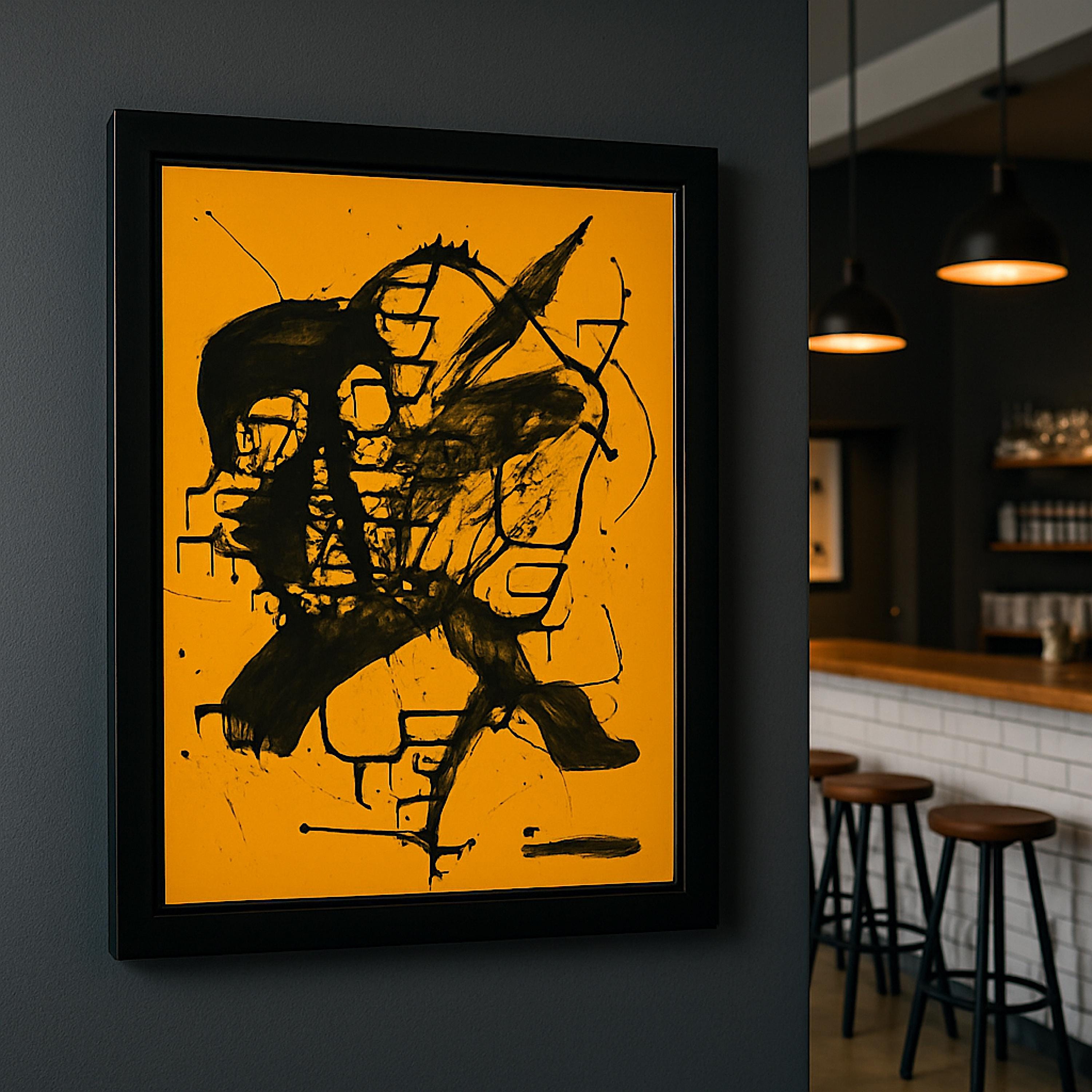 Handmade Expressionist Painting, Black & Yellow Abstract Art (22x28 inch)