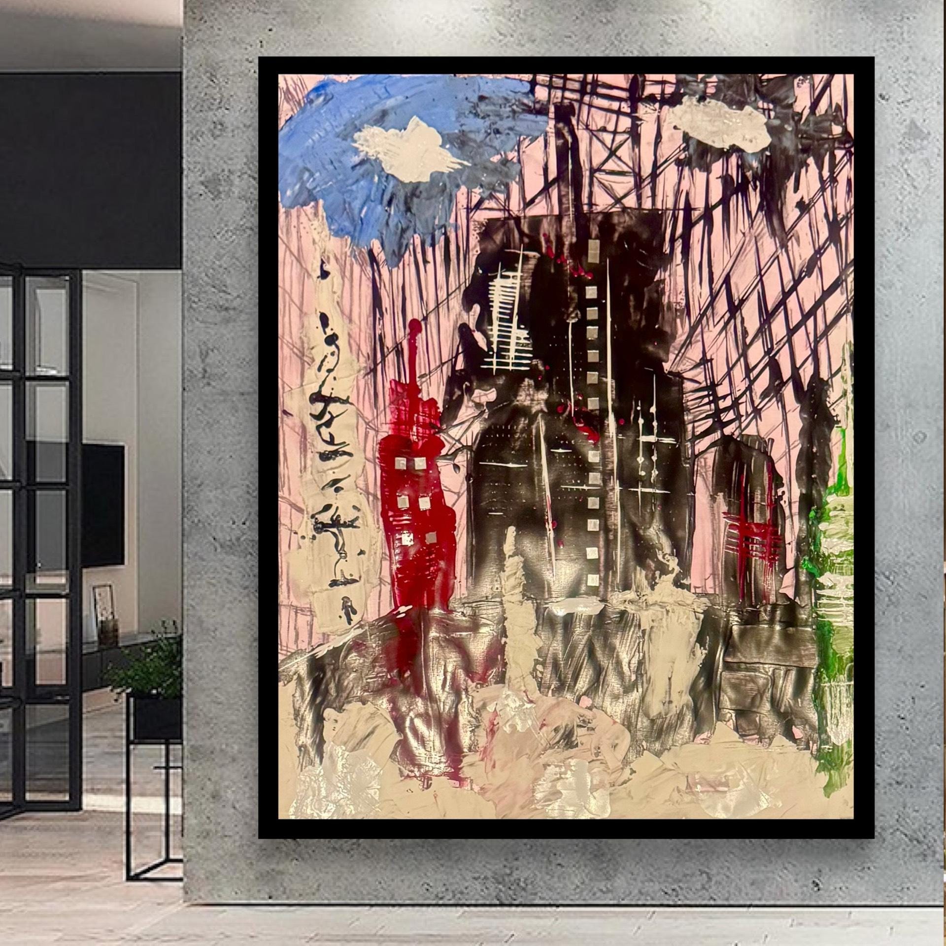 Abstract City Skyline Wall Art, Textured Acrylic Painting, Modern Urban Art, Handmade Contemporary Artwork, Framed Original Art (22x28 inch)