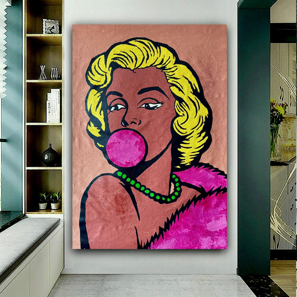 Original Acrylic Pop Art Portrait on Canvas, Expressionist Woman with Bubblegum (24x36 inch)