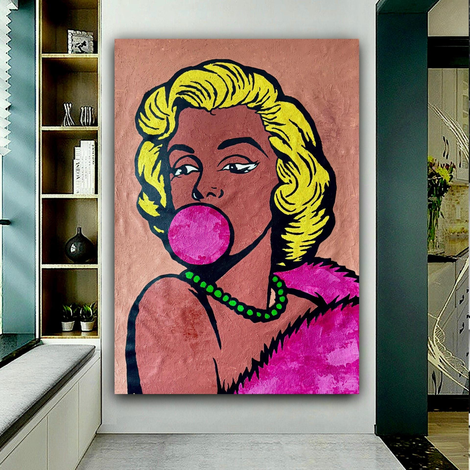 Original Acrylic Pop Art Portrait on Canvas, Expressionist Woman with Bubblegum (24x36 inch)