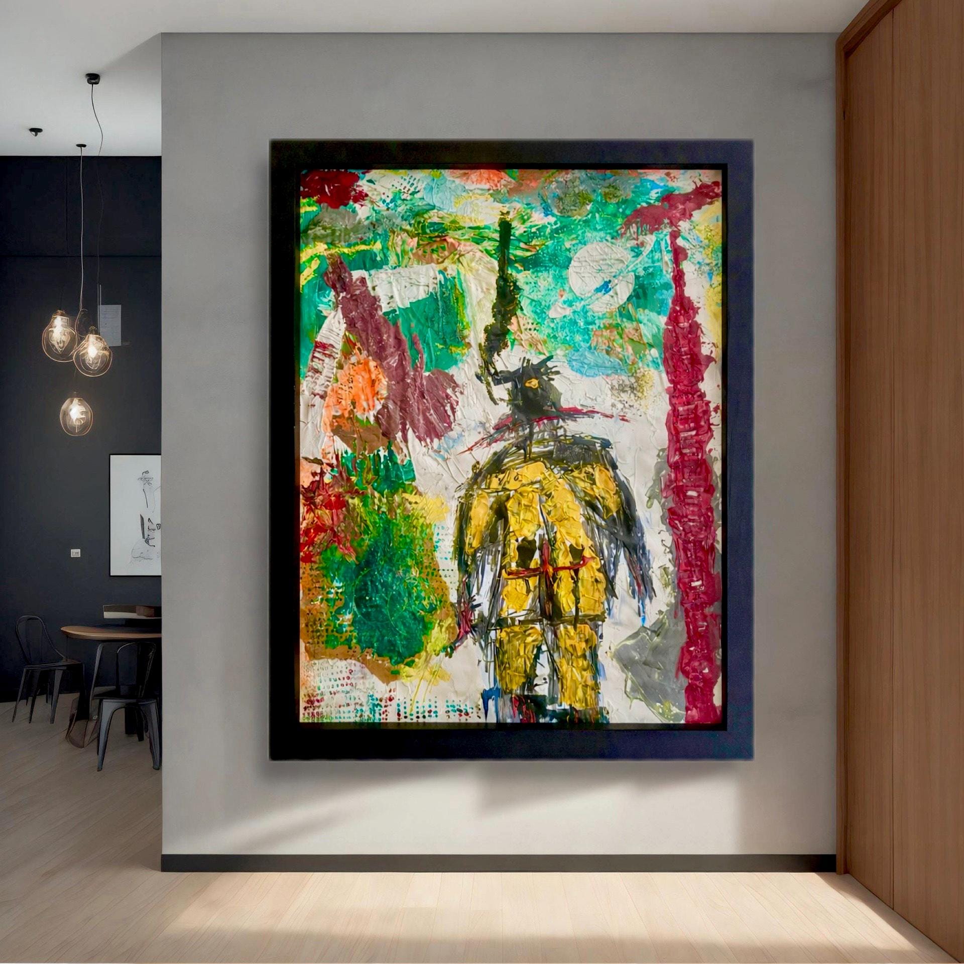 Handmade Abstract Acrylic Painting on Hardened Poster, Framed Wall Art, Textured Varnished Artwork (24x30 inch)