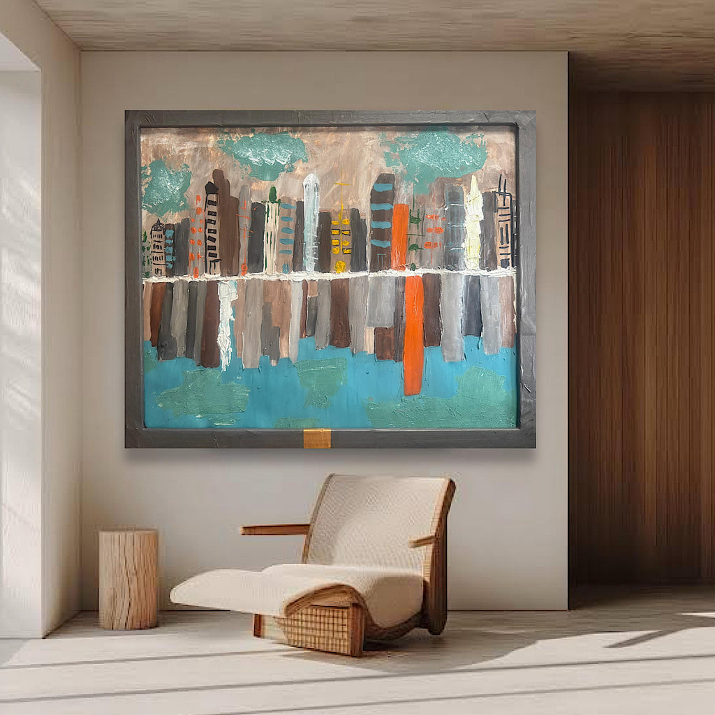 Framed Abstract American City Skyline Painting, Hand Painting Acrylic Texture Art on Reinforced Poster, Modern Wall Art (29x24 inch)