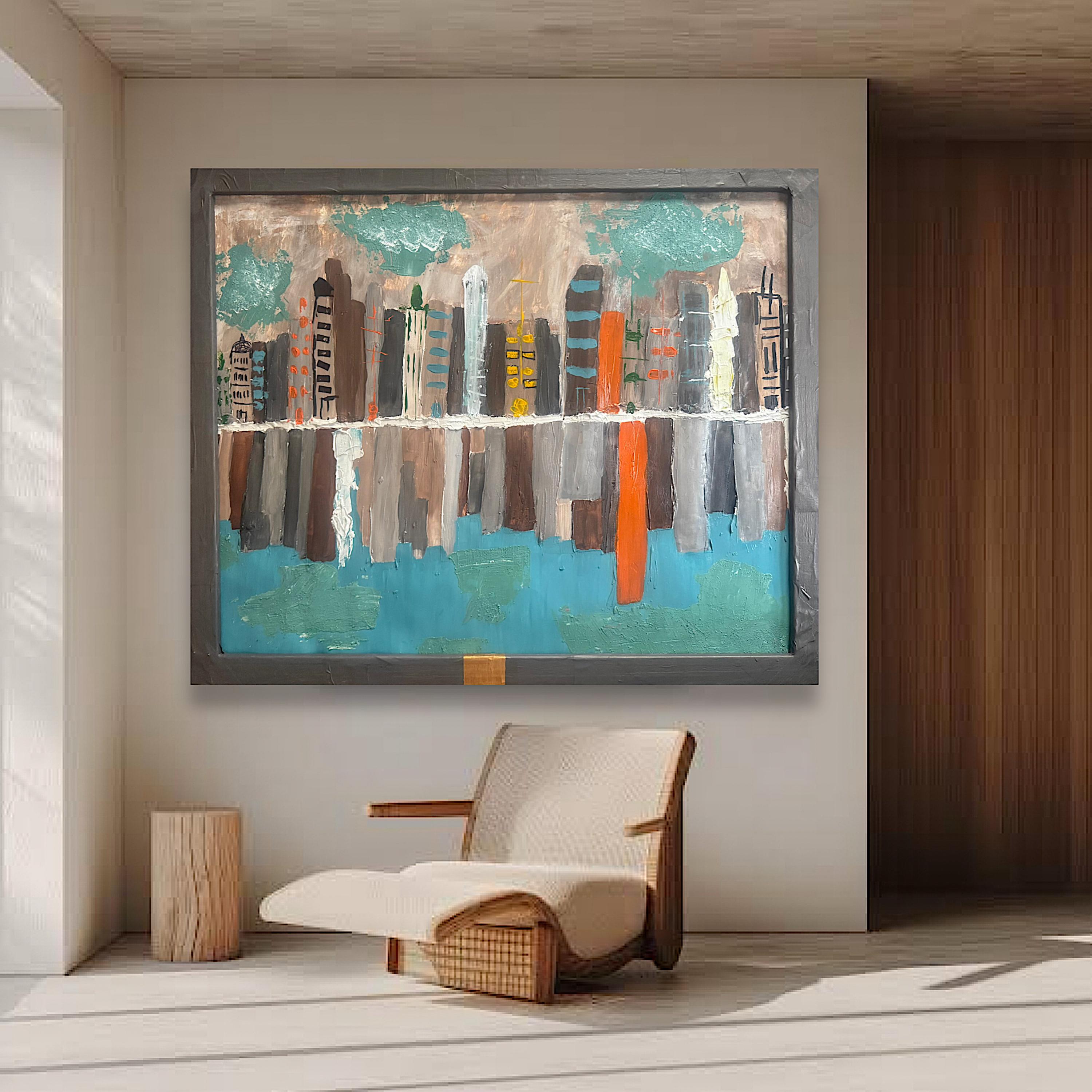 Framed Abstract American City Skyline Painting, Hand Painting Acrylic Texture Art on Reinforced Poster, Modern Wall Art (29x24 inch)