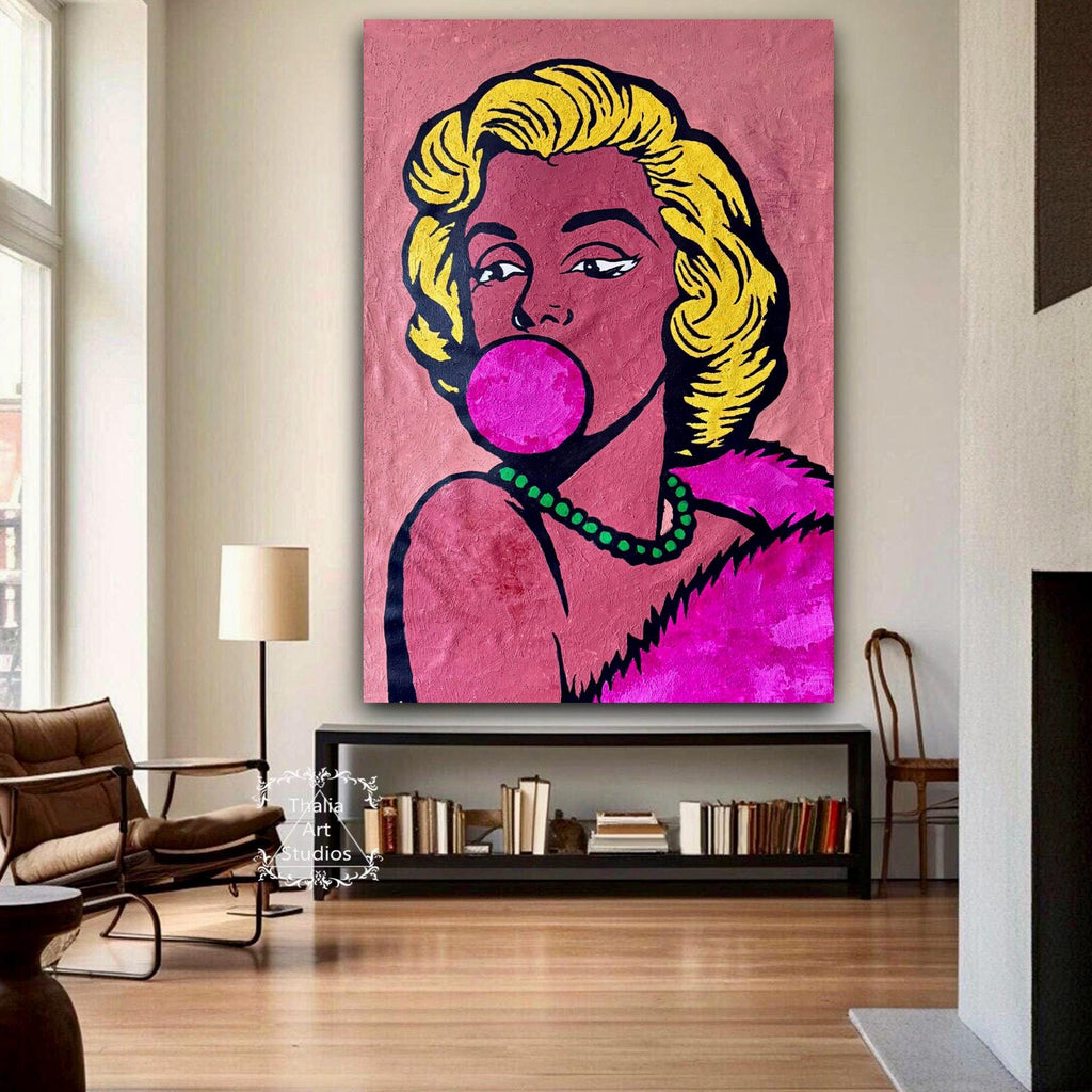 Original Acrylic Pop Art Portrait on Canvas, Expressionist Woman with Bubblegum (24x36 inch)