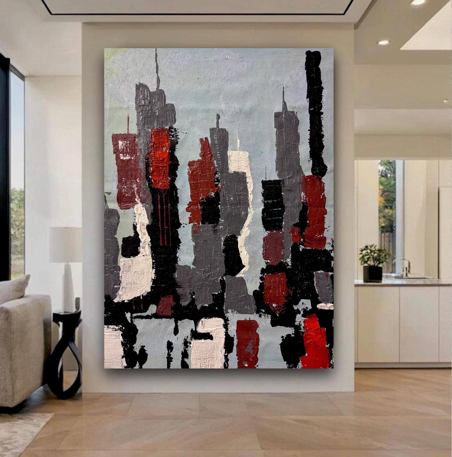 Abstract Manhattan Silhouette with Textured Acrylic Layers on Canvas (18.5x26 inch)