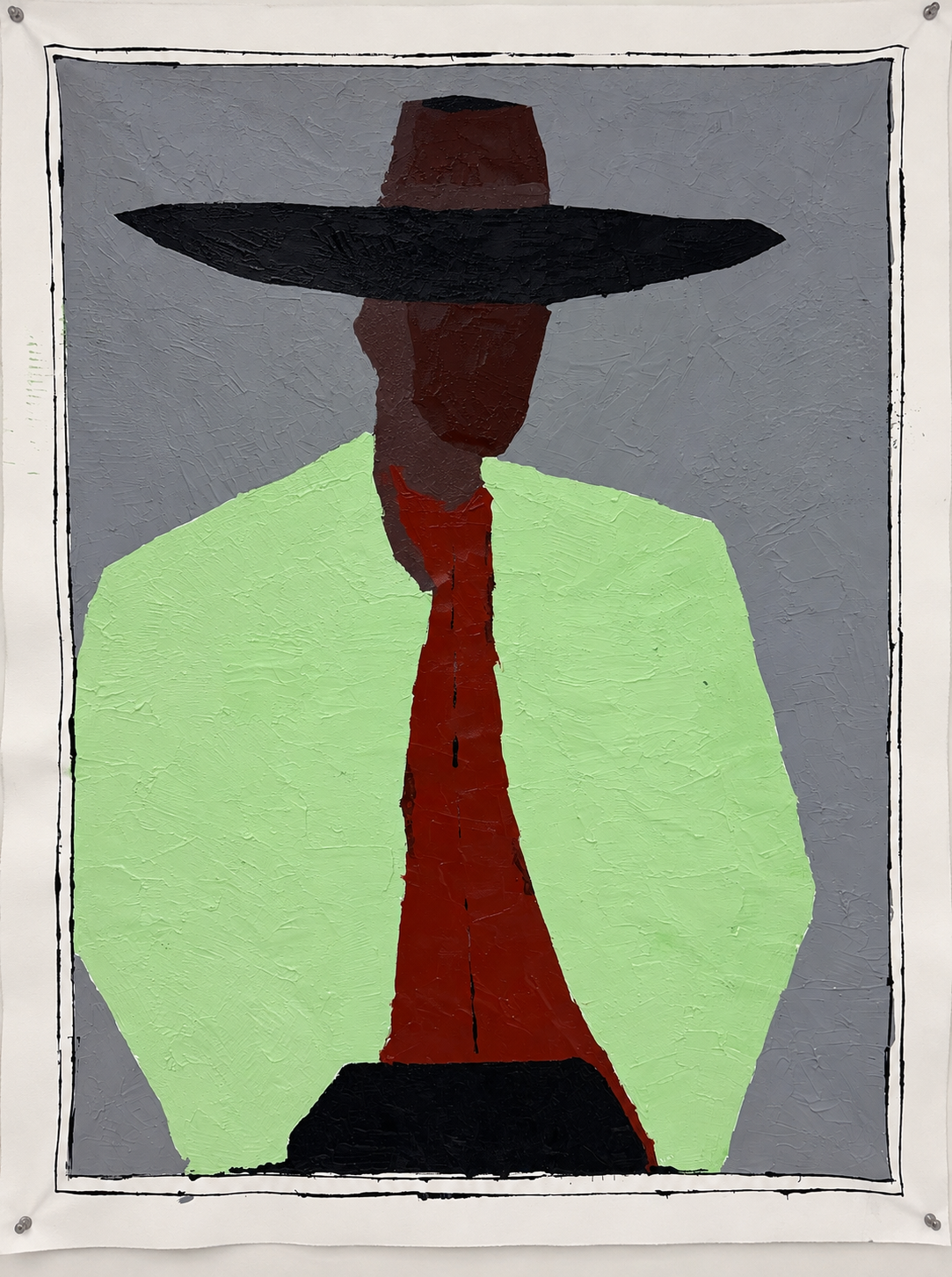 Expressionist Abstract Portrait Painting, 26x36 Original Acrylic on Canvas, Modern Figurative Art, Wide Hat, Textured Wall Art