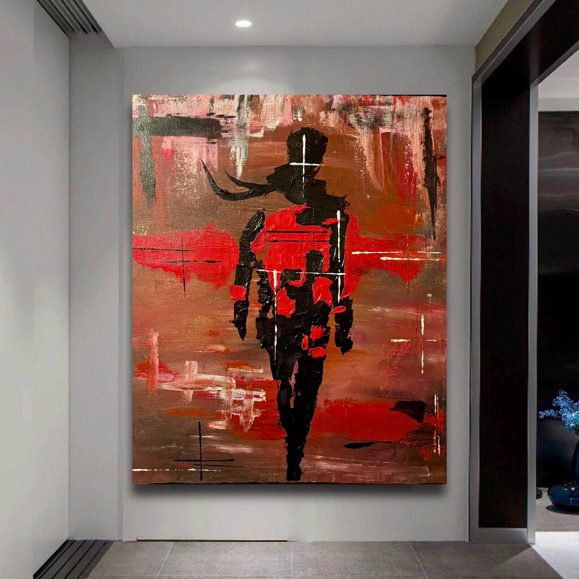 Abstract Expressionist Figurative Painting, Red Black Modern Art (20x24 inch Canvas)