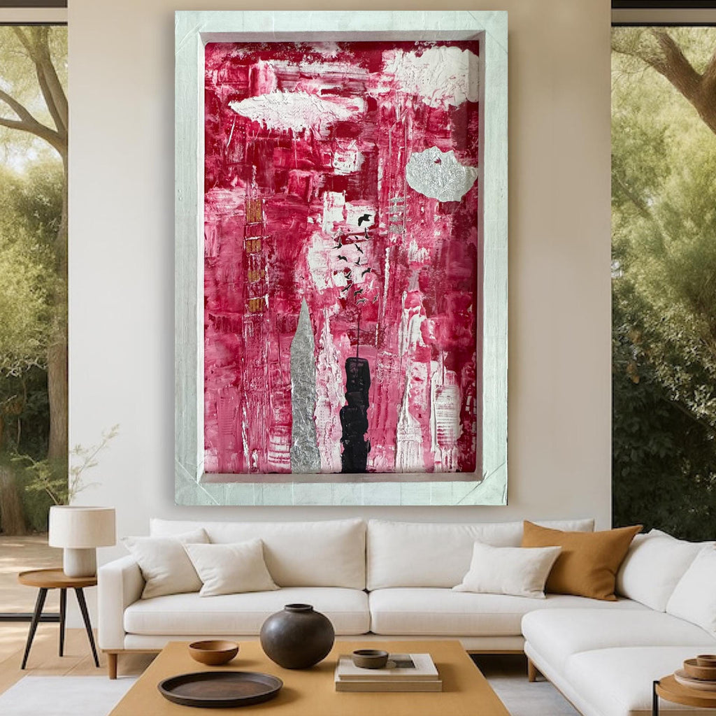 Abstract Manhattan Skyline Painting, Framed Modern Wall Art, Red White Urban Cityscape, Handmade Textured Acrylic Artwork  (21x32 inch)