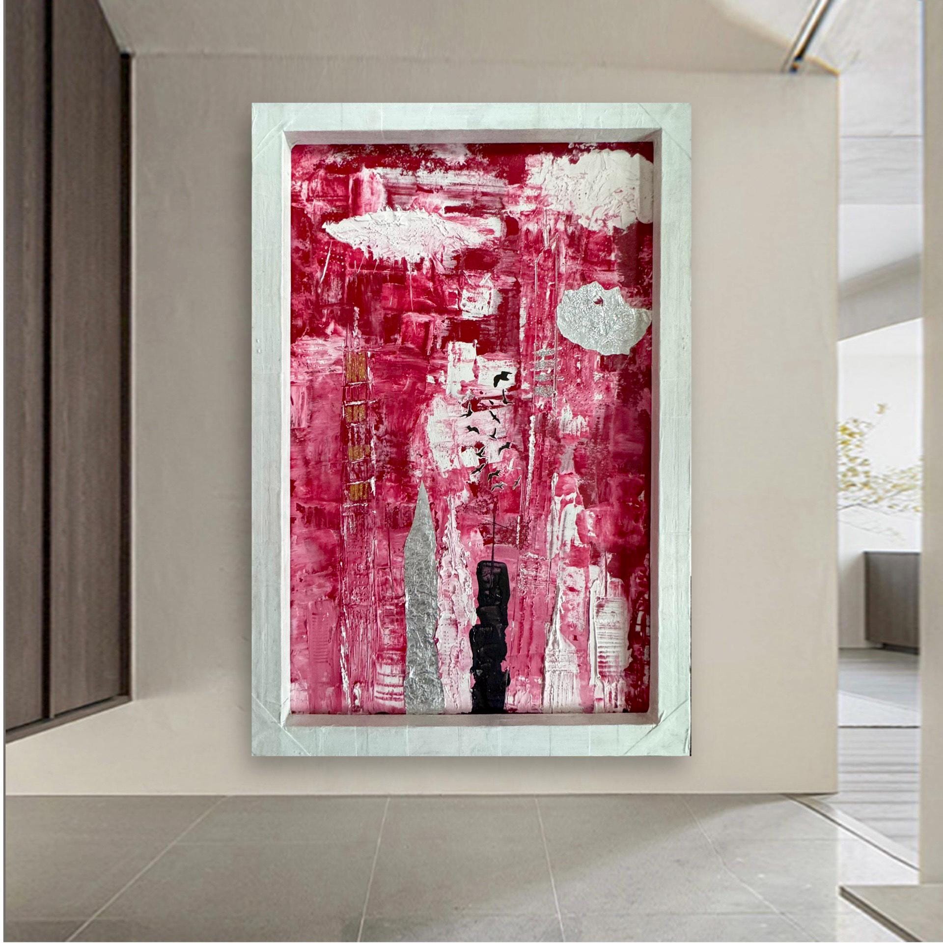 Abstract Manhattan Skyline Painting, Framed Modern Wall Art, Red White Urban Cityscape, Handmade Textured Acrylic Artwork  (21x32 inch)