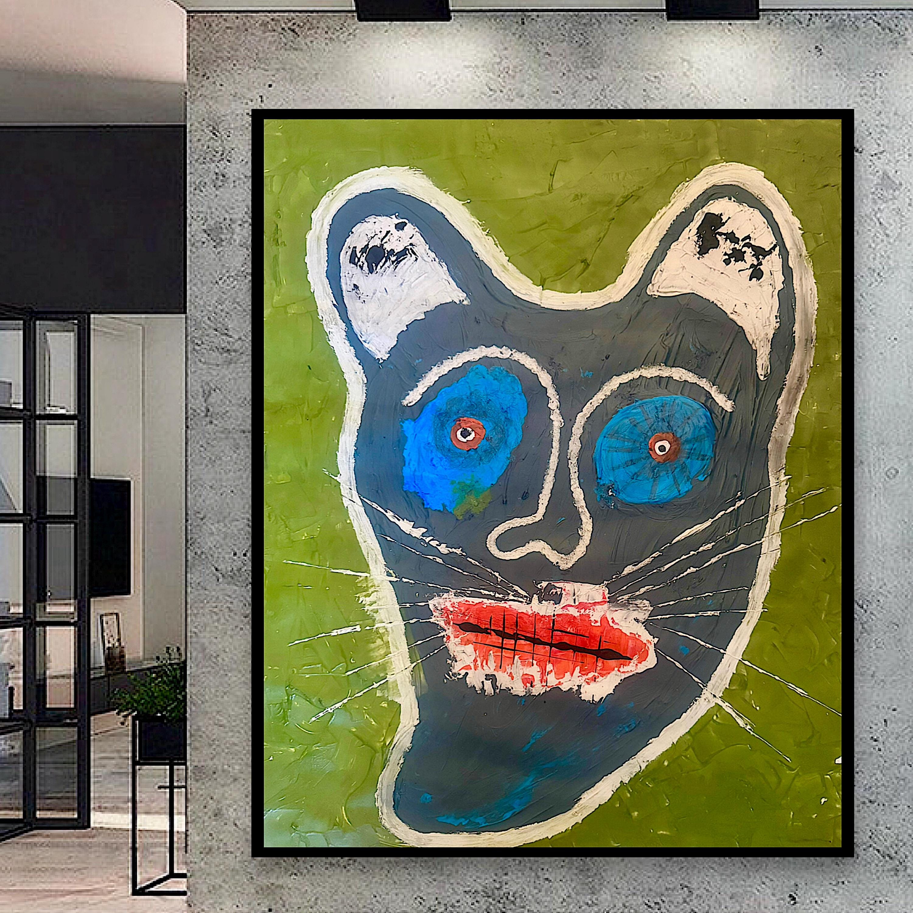 Abstract Cat Portrait, Acrylic Mixed Media, Contemporary Wall Art (22x28 inch)