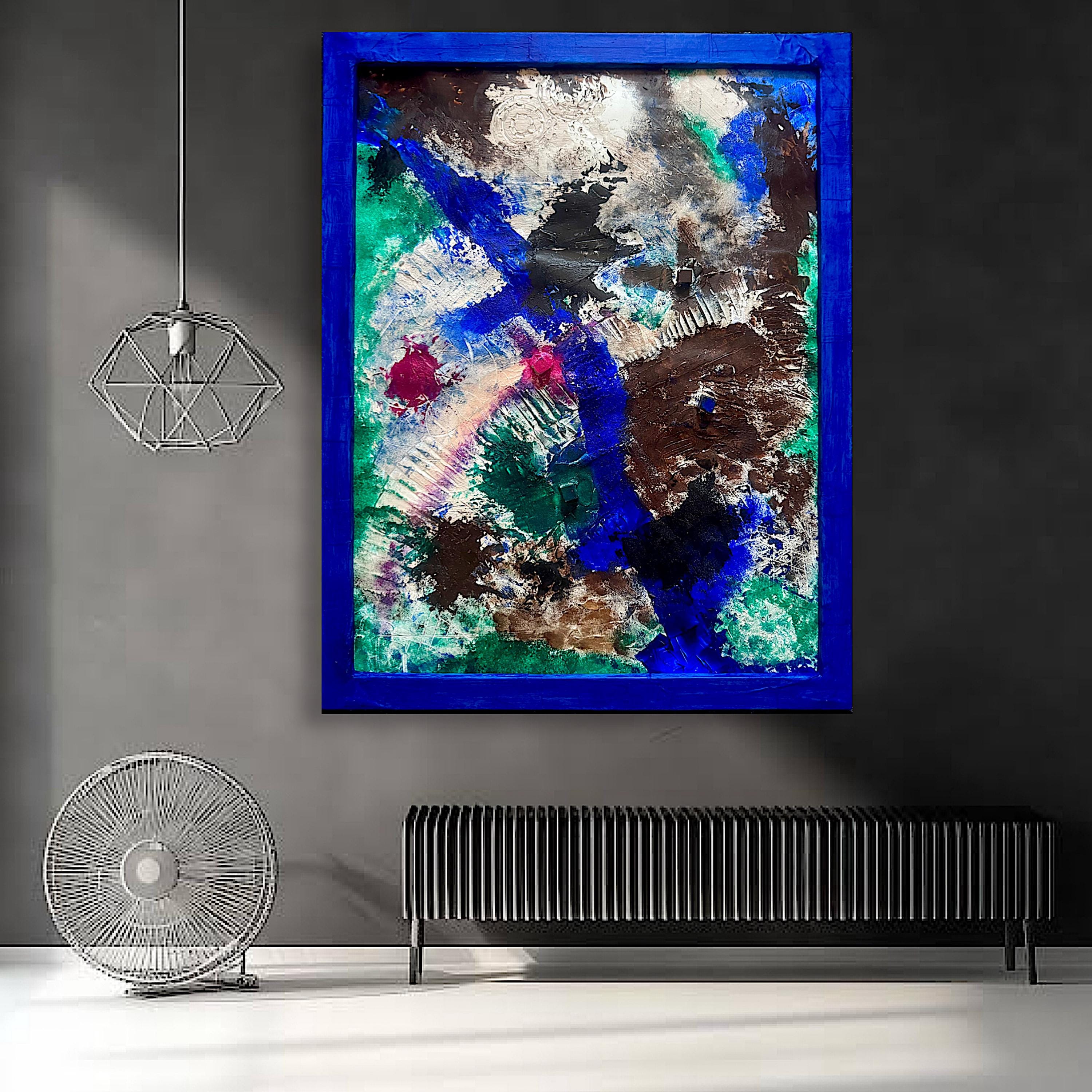 Abstract Textured Wall Art, Framed Original Acrylic Painting on Reinforced Poster, Signed Blue Frame Modern Art (29.5x23.5 inch)