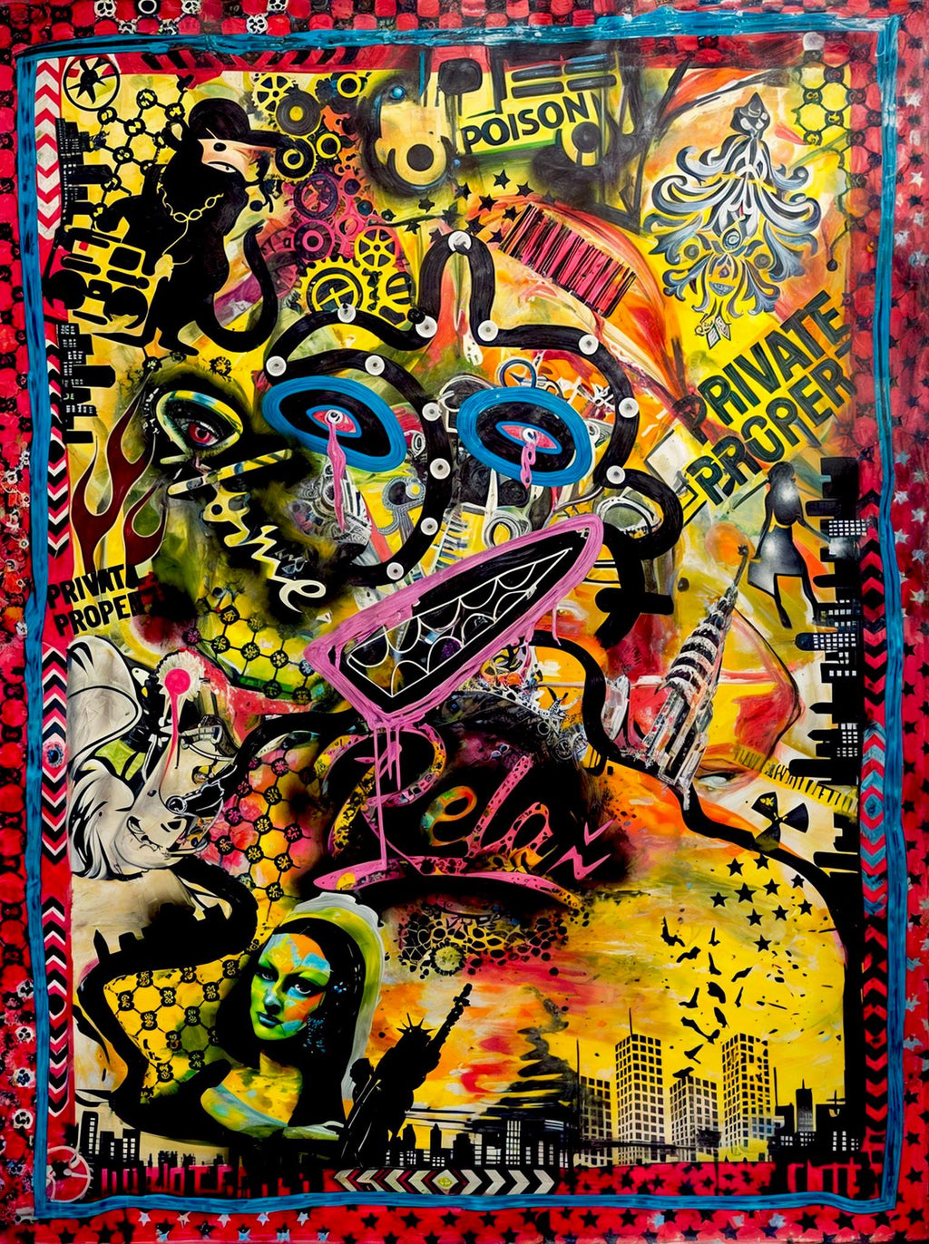 Original Pop Art Painting on Japanese Kraft Paper: Urban Graffiti Mixed Media (41.5x30 inch)