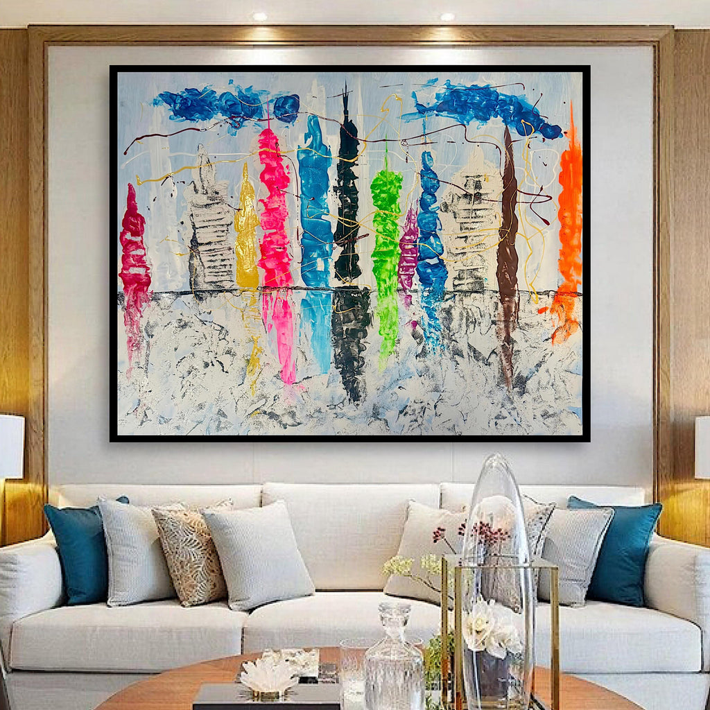 Textured New York Skyline Painting, Handcrafted Abstract Cityscape Art (28x22 inch)