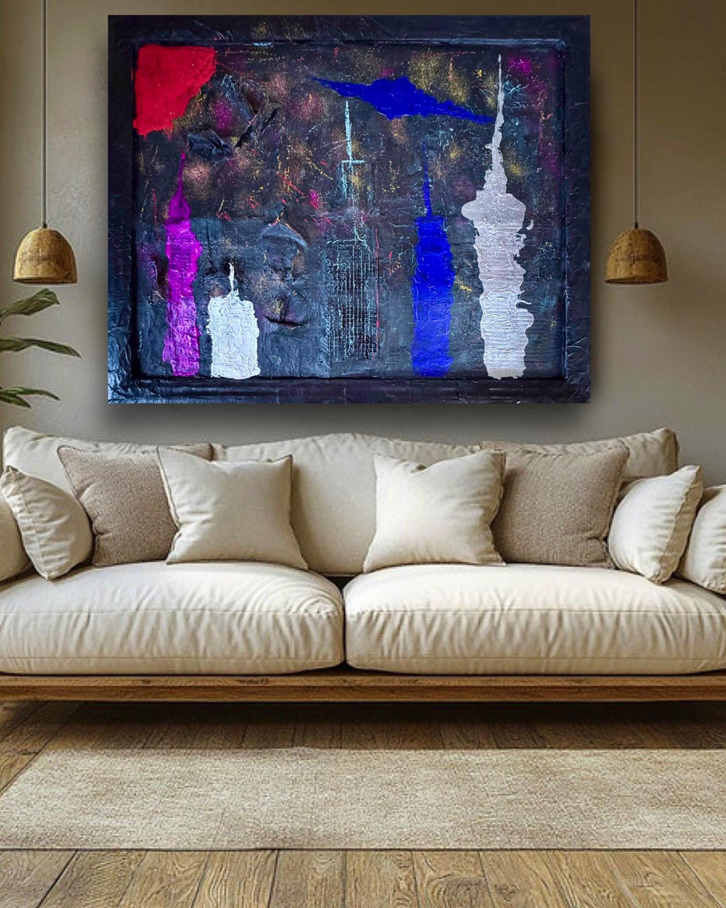 Abstract New York Skyline Mixed Media Art on Wire Mesh, Textured Acrylic Painting, Hand Painted Frame, Contemporary Wall Art(30.5x23.5 inch)