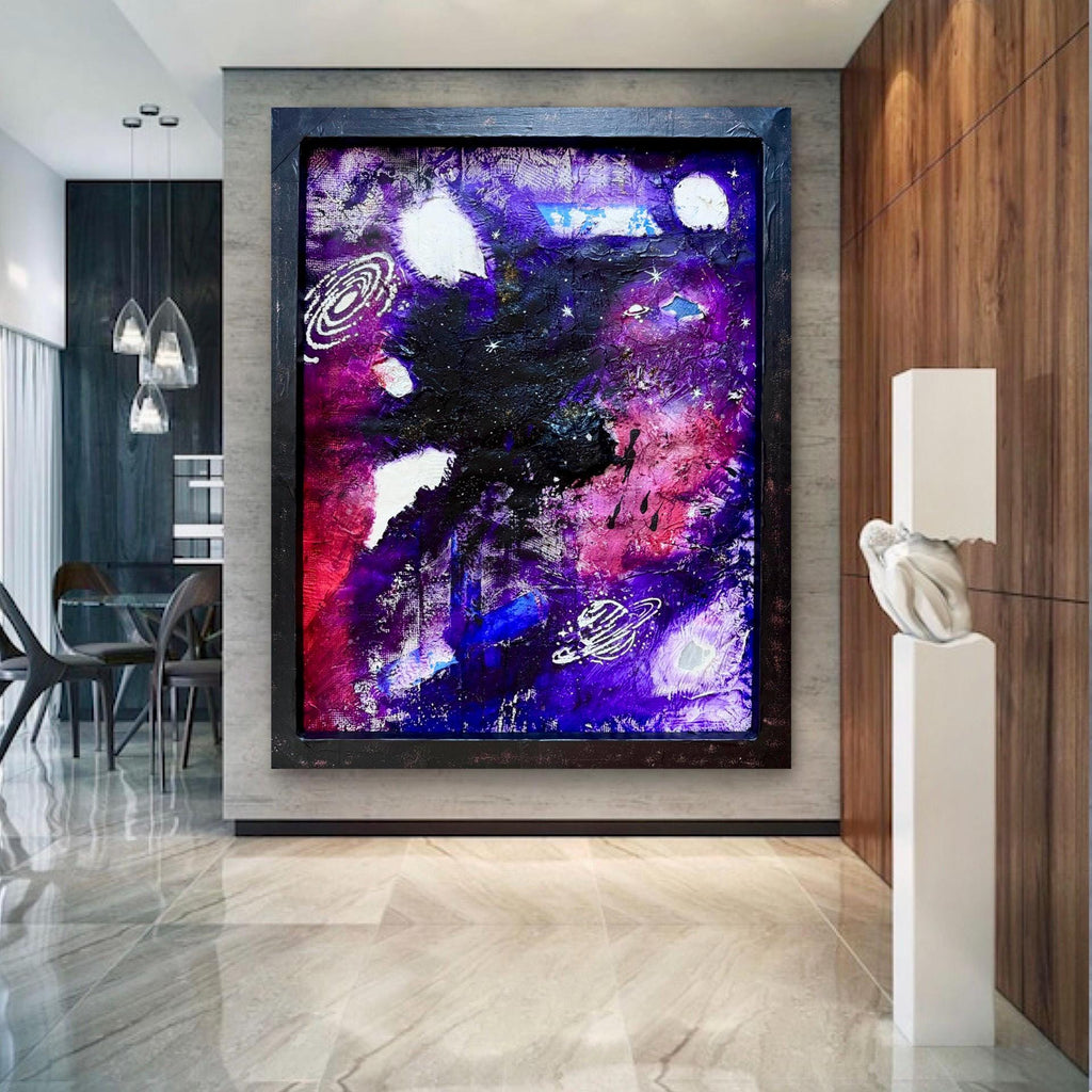 Abstract Cosmic Galaxy Painting, Purple Space Art, Textured Acrylic, Modern Wall Art, Framed Original Artwork (24x30 inch)