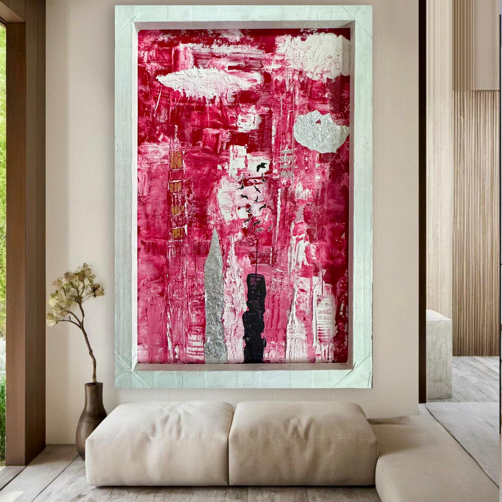 Abstract Manhattan Skyline Painting, Framed Modern Wall Art, Red White Urban Cityscape, Handmade Textured Acrylic Artwork  (21x32 inch)