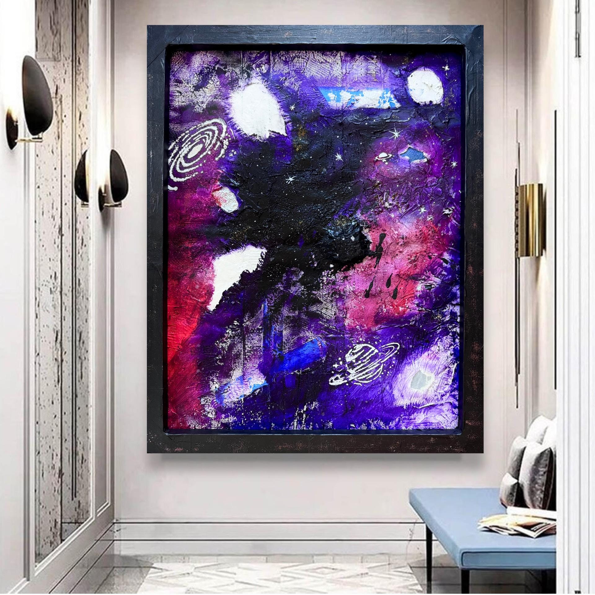 Abstract Cosmic Galaxy Painting, Purple Space Art, Textured Acrylic, Modern Wall Art, Framed Original Artwork (24x30 inch)