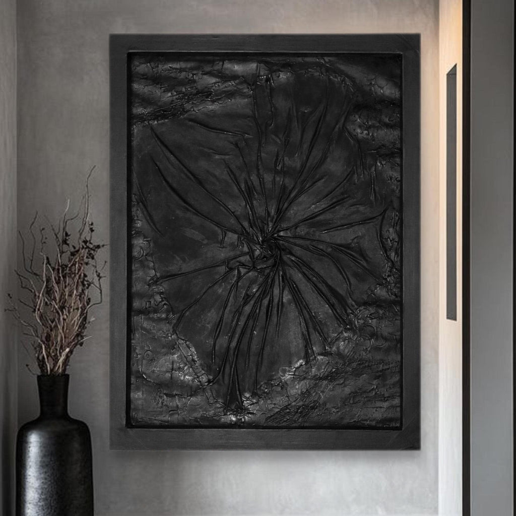 Black Abstract Textured Wall Art, Handmade Modern Art Painting, Dark Minimalist Contemporary Artwork,Framed Statement Piece (24x30 inch)