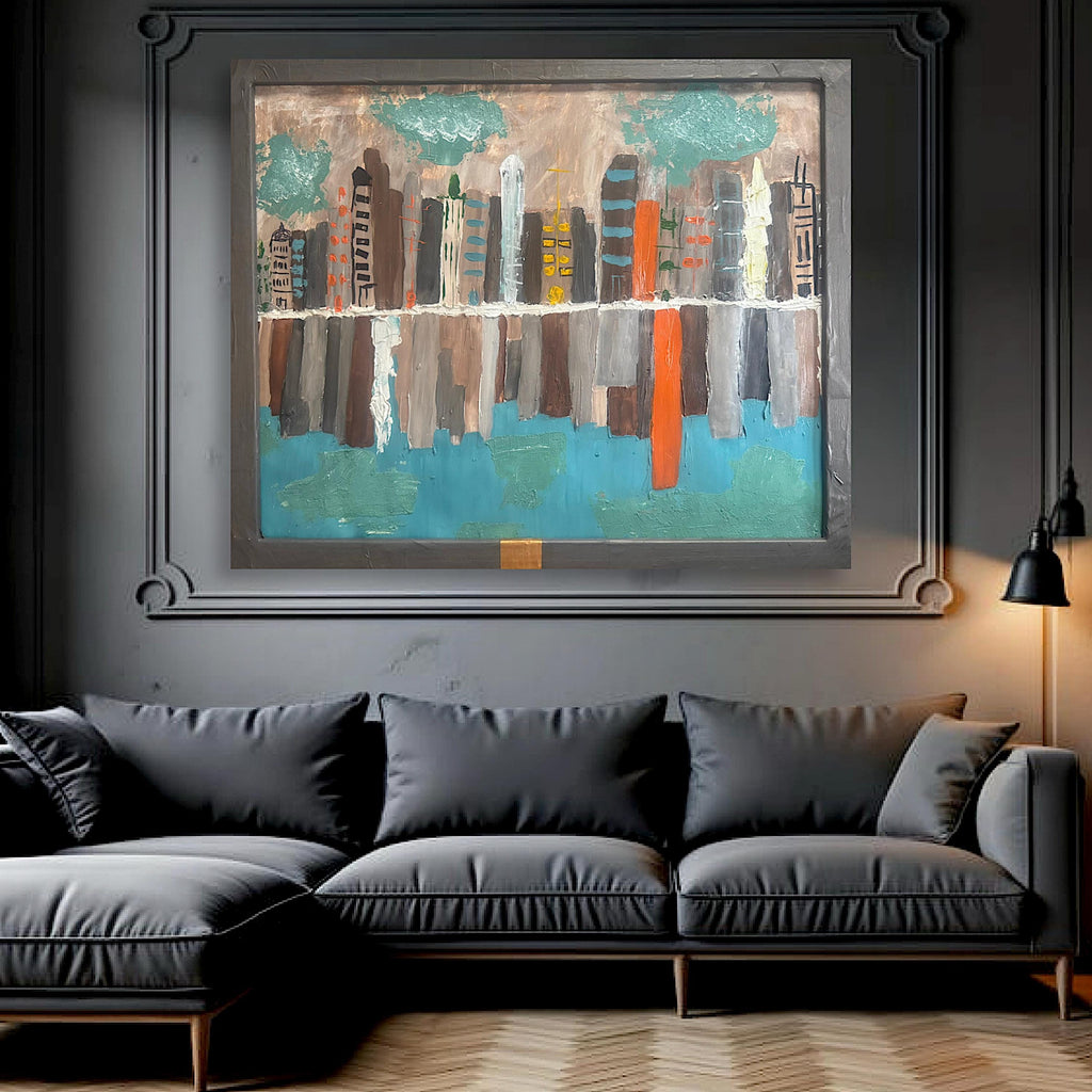 Framed Abstract American City Skyline Painting, Hand Painting Acrylic Texture Art on Reinforced Poster, Modern Wall Art (29x24 inch)