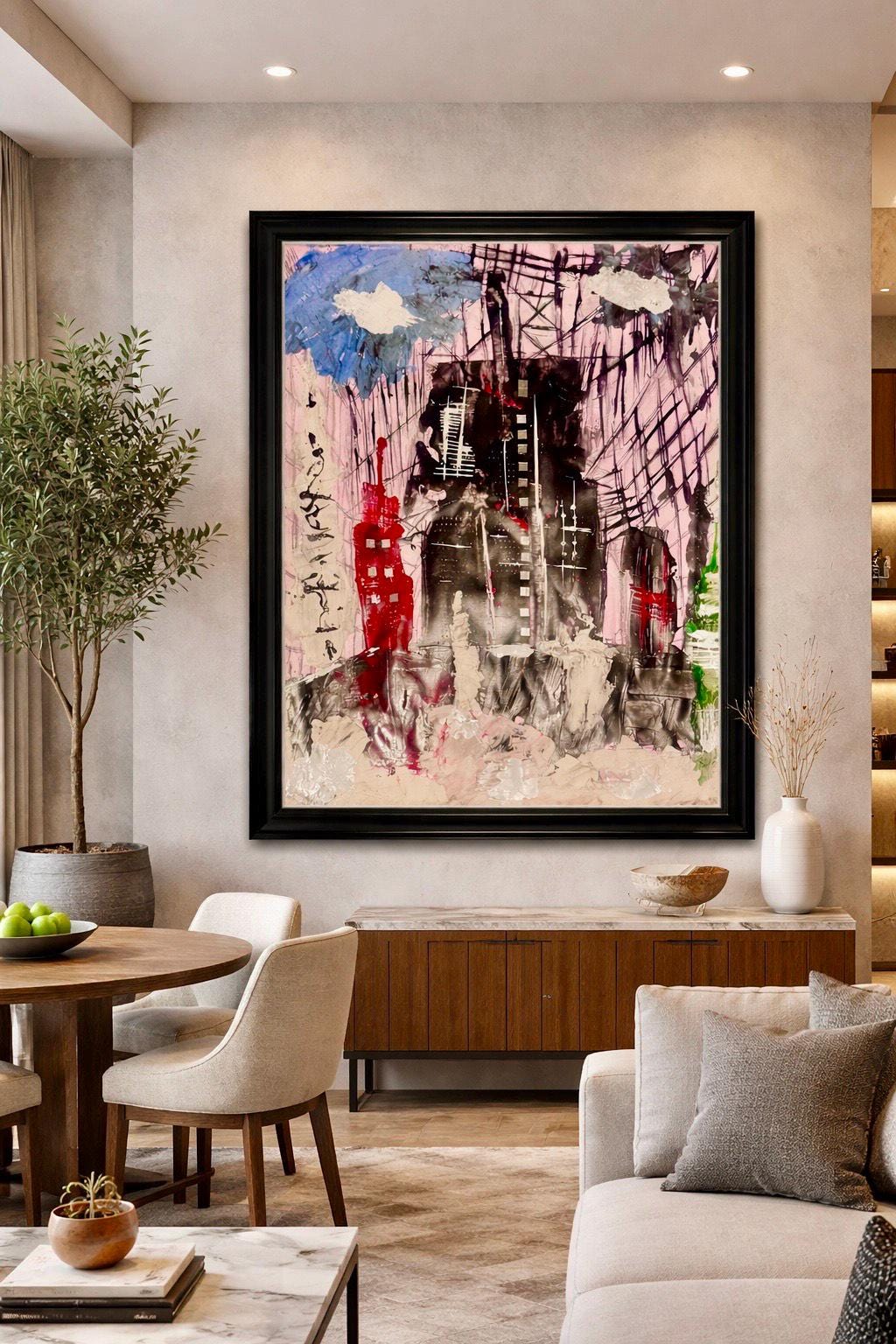 Abstract City Skyline Wall Art, Textured Acrylic Painting, Modern Urban Art, Handmade Contemporary Artwork, Framed Original Art (22x28 inch)