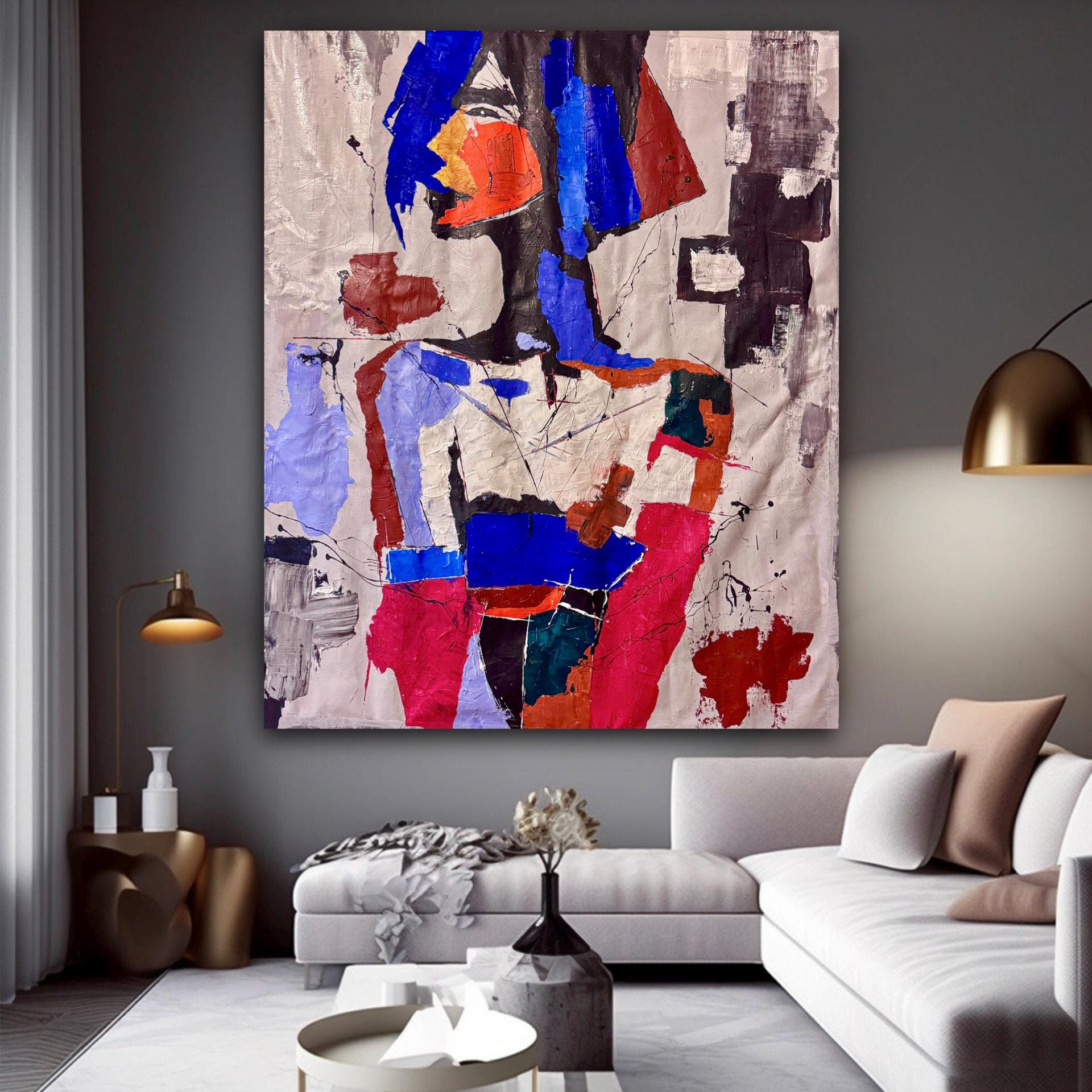 Original Abstract Portrait Painting, Bold Colors, Modern Wall Art (36x43 inch Canvas)