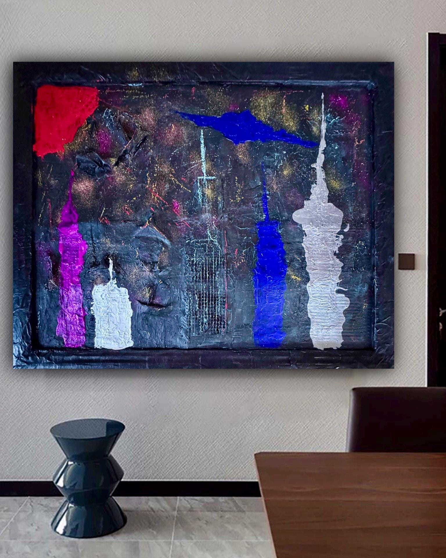Abstract New York Skyline Mixed Media Art on Wire Mesh, Textured Acrylic Painting, Hand Painted Frame, Contemporary Wall Art(30.5x23.5 inch)