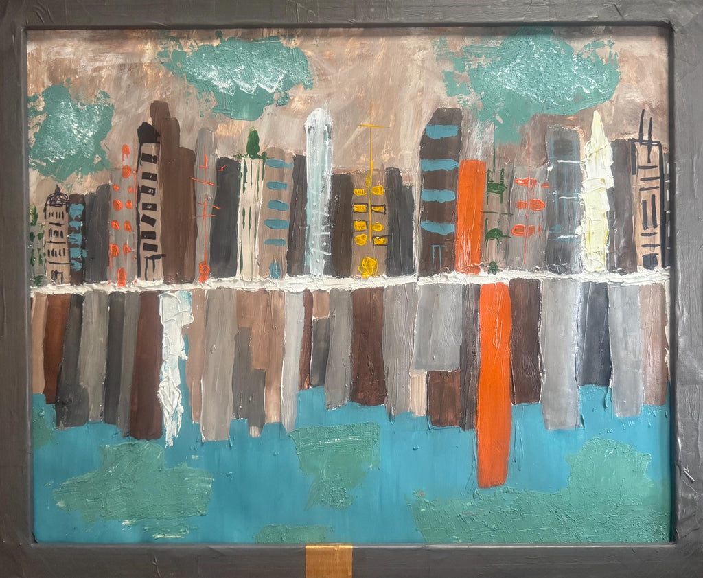 Framed Abstract American City Skyline Painting, Hand Painting Acrylic Texture Art on Reinforced Poster, Modern Wall Art (29x24 inch)