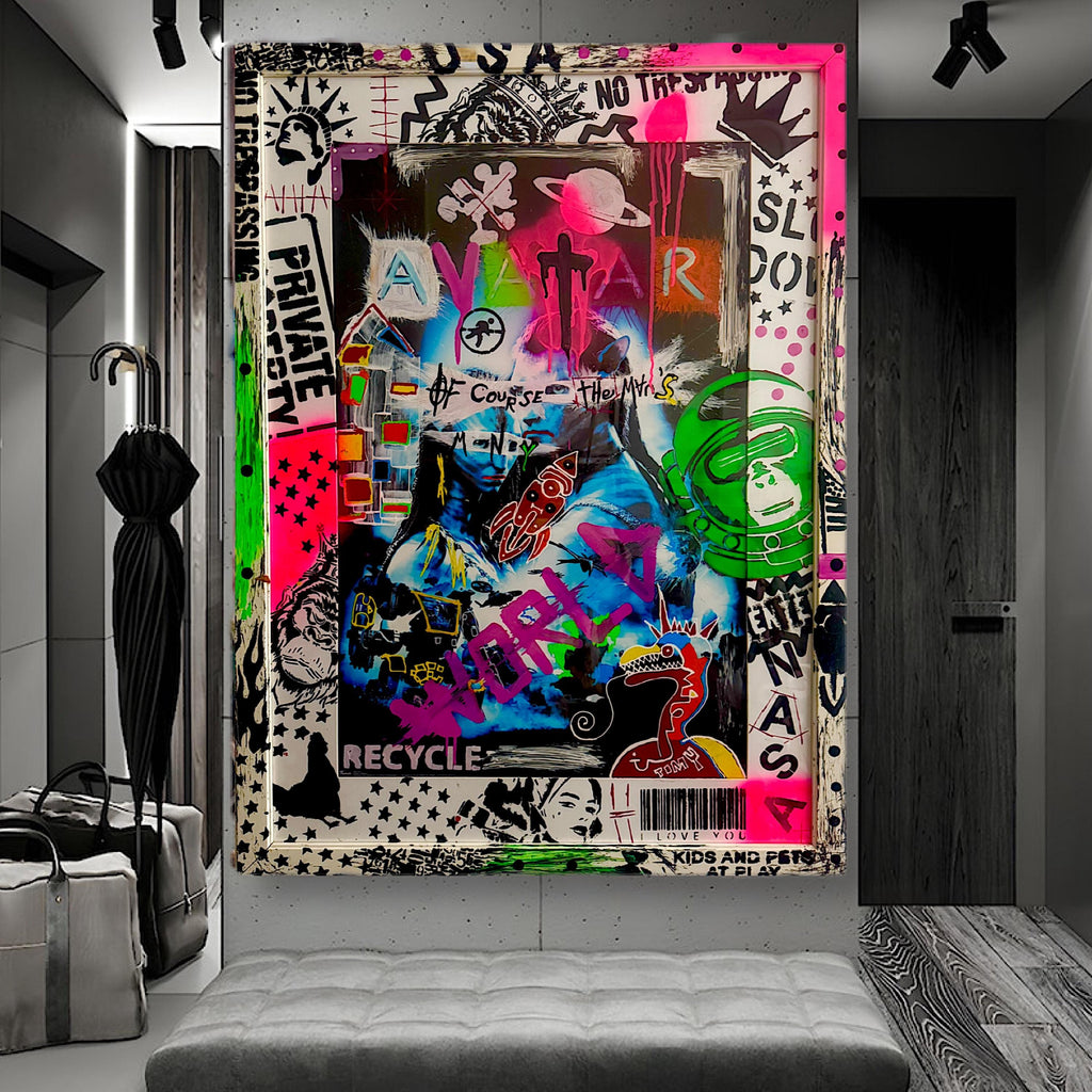 Avatar Pop Art: Hand-Painted Mixed Media Graffiti Art (32.5x44.5 inch)