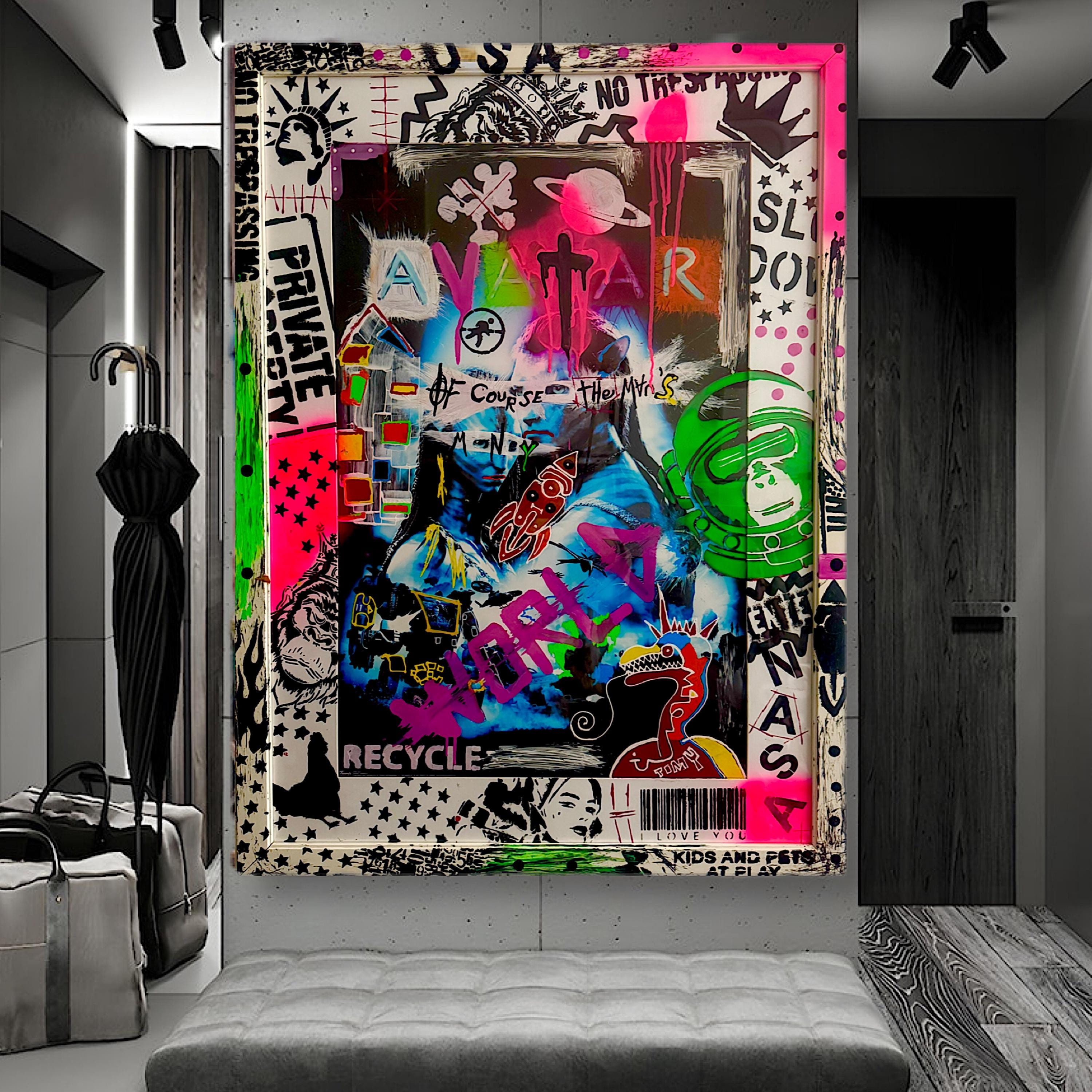 Avatar Pop Art: Hand-Painted Mixed Media Graffiti Art (32.5x44.5 inch)