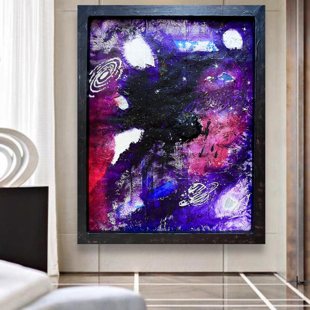 Abstract Cosmic Galaxy Painting, Purple Space Art, Textured Acrylic, Modern Wall Art, Framed Original Artwork (24x30 inch)