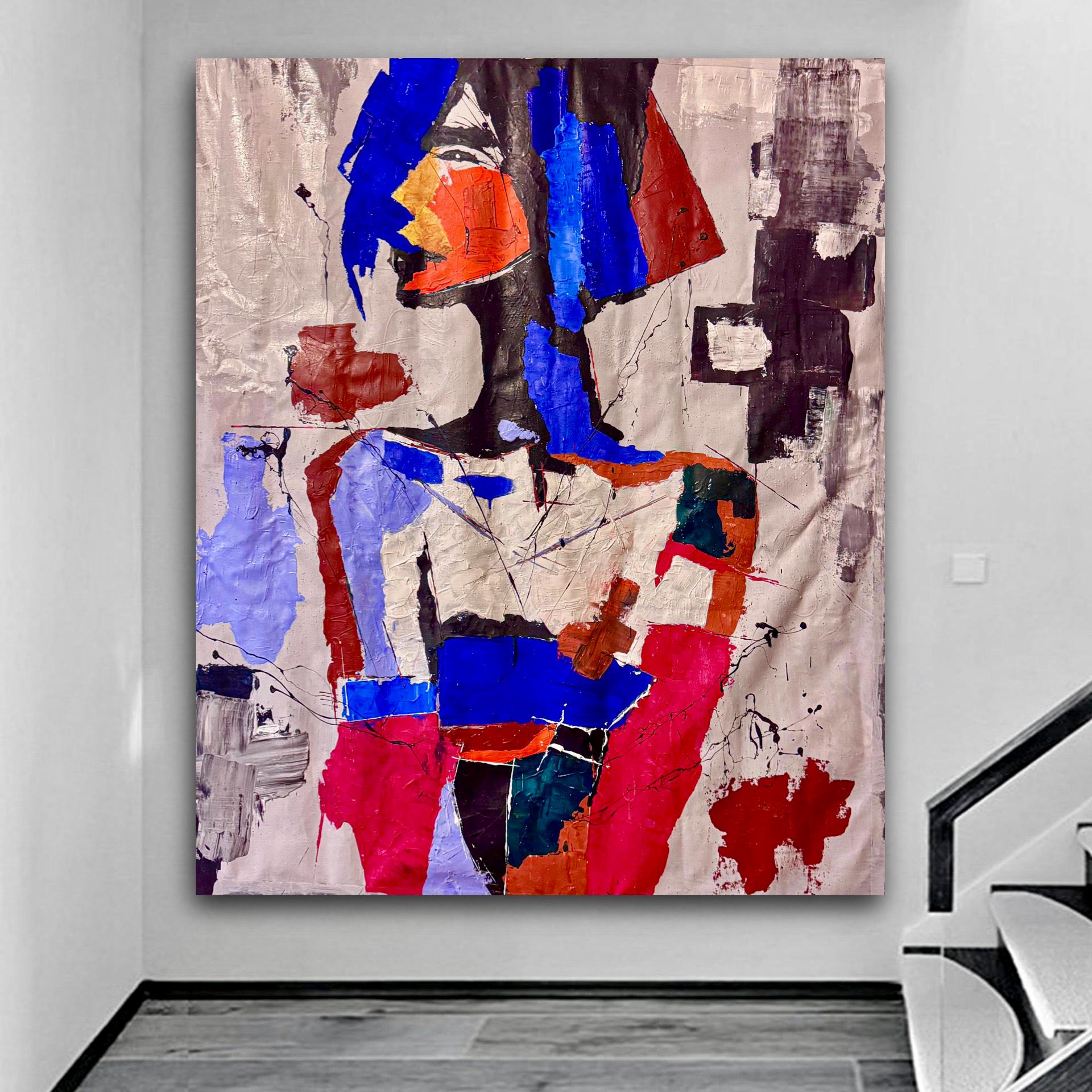 Original Abstract Portrait Painting, Bold Colors, Modern Wall Art (36x43 inch Canvas)