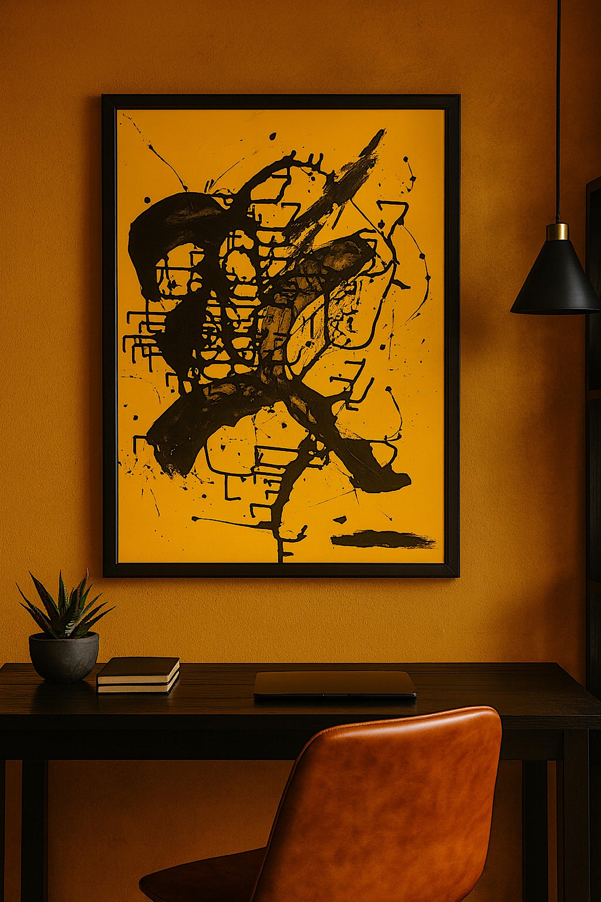 Handmade Expressionist Painting, Black & Yellow Abstract Art (22x28 inch)