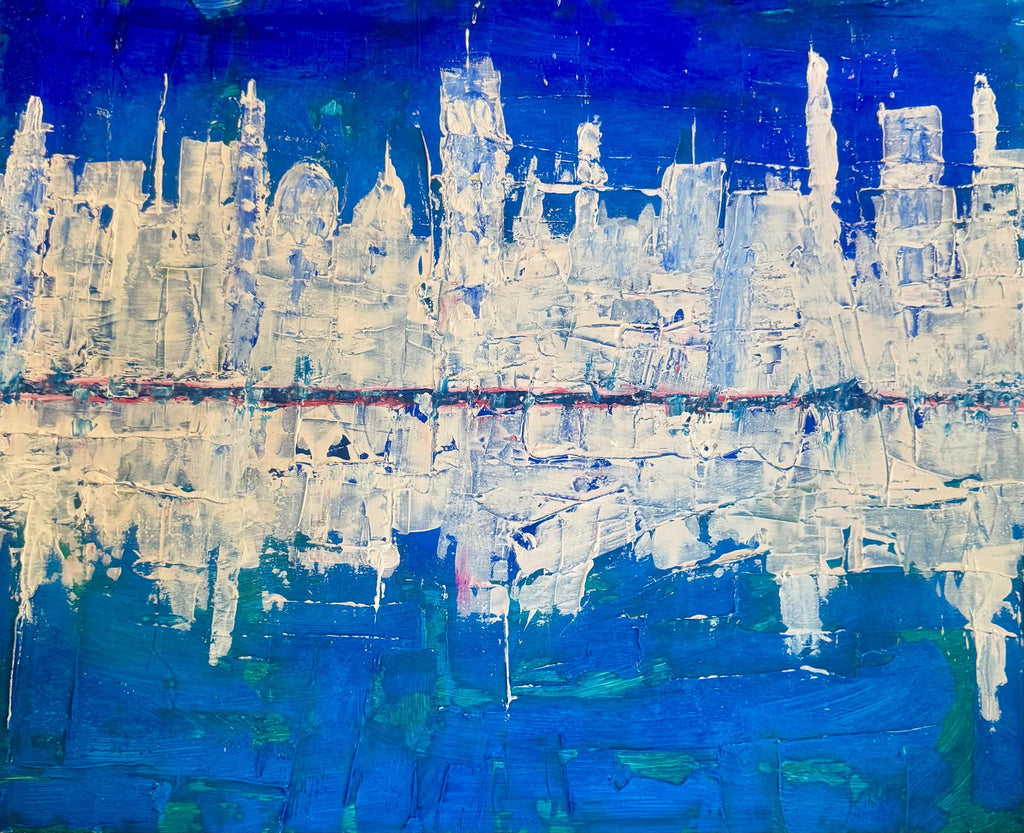 Abstract Cityscape Painting, Textured Palette Knife Acrylic, Skyline Wall Art (22x28 inch)