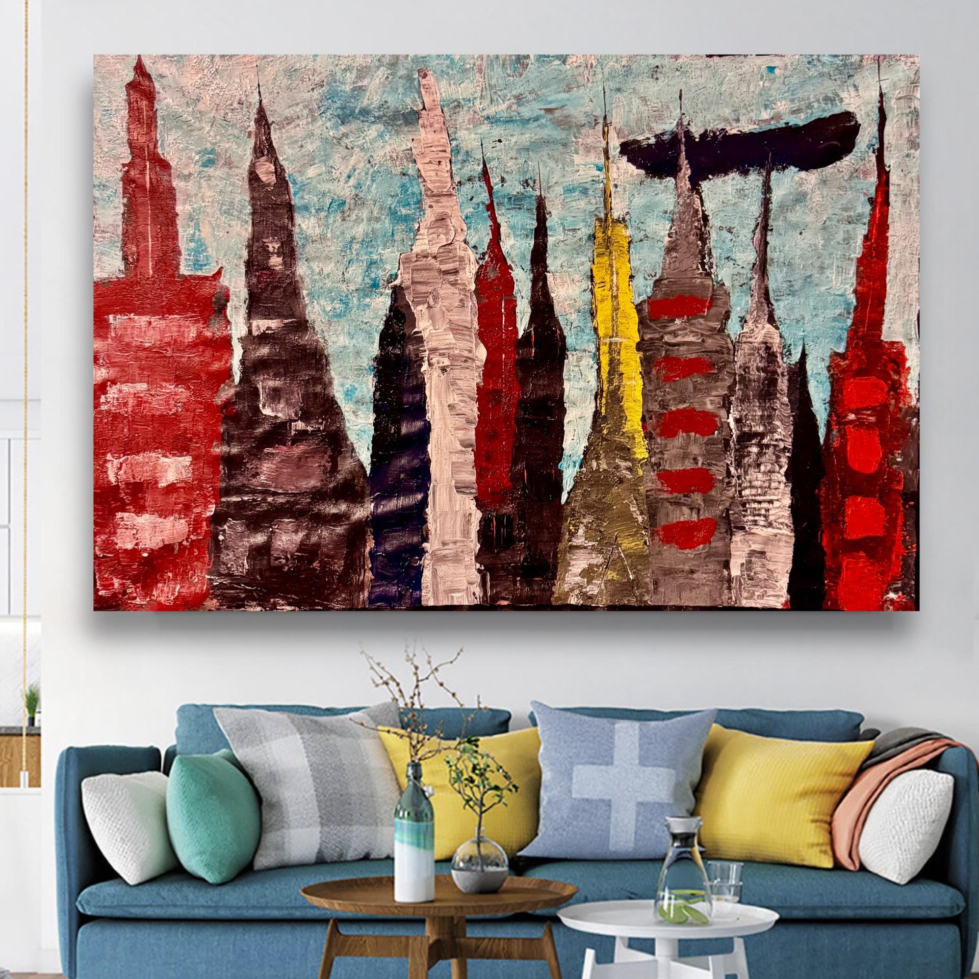 Textured Acrylic Manhattan Skyline Painting, Modern NYC Wall Art (36x24 inch)